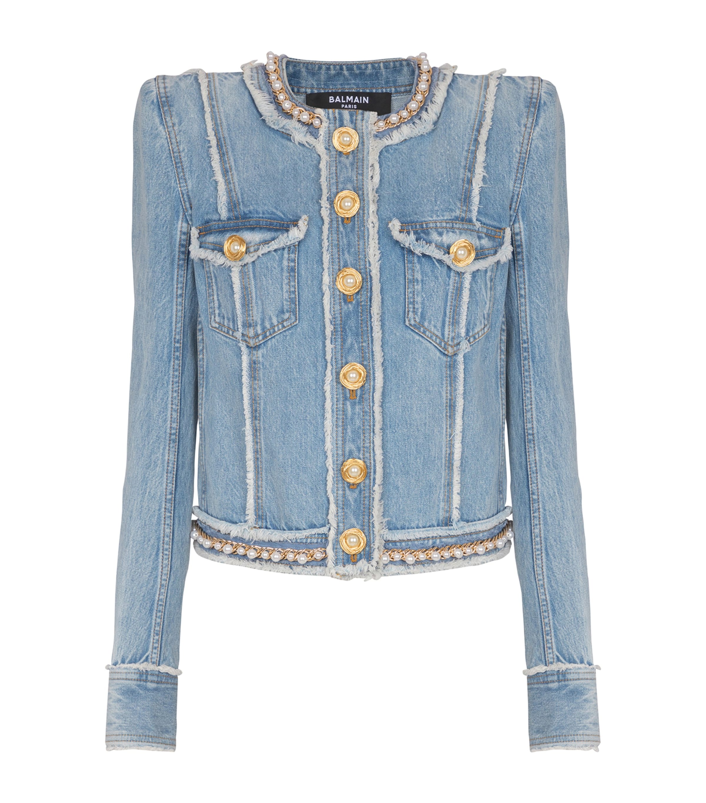 Balmain Faux Pearl-embellished Frayed Denim Jacket In Blue