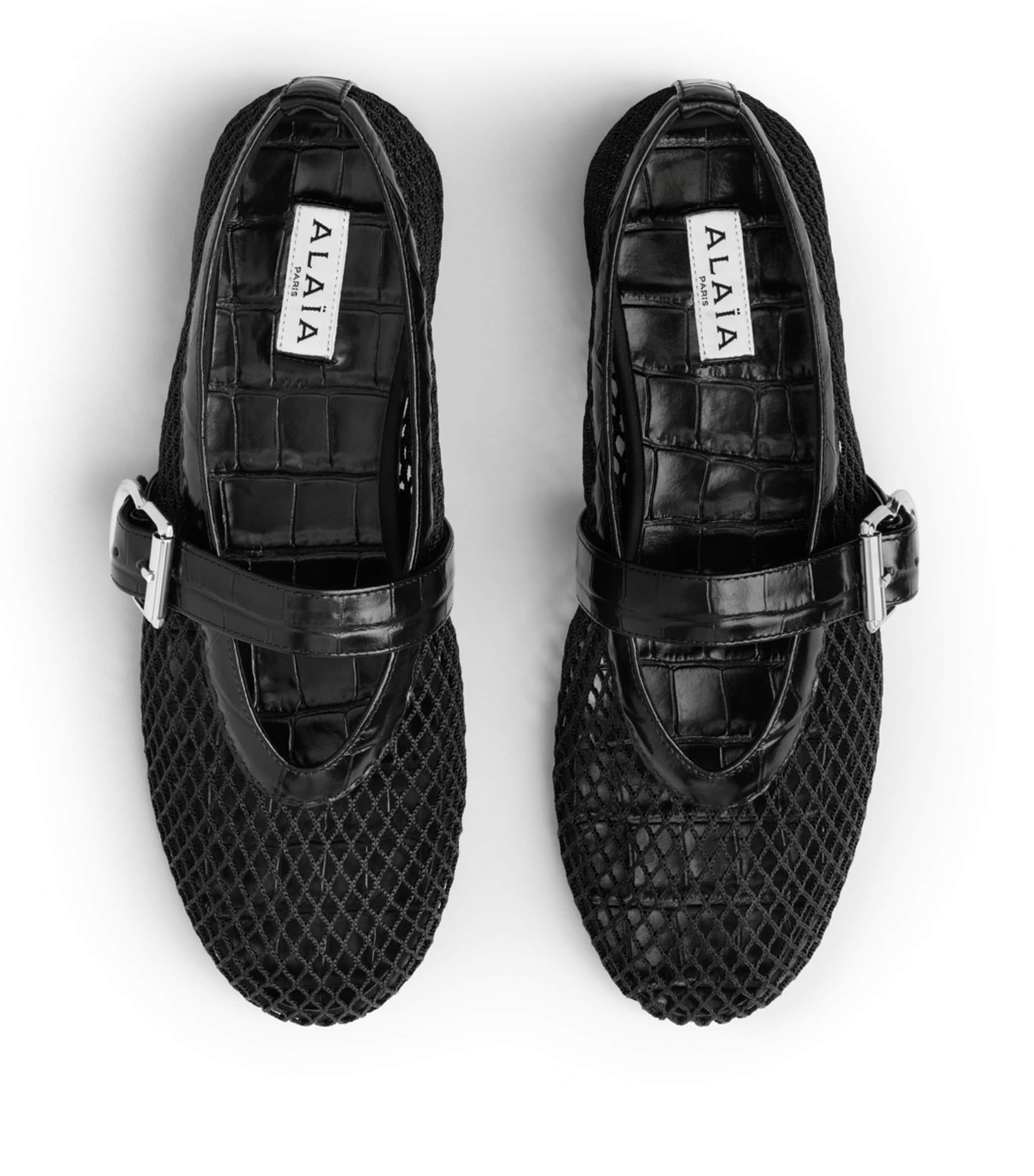 Alaïa Womens Croc-Embossed Leather Mesh Ballet Flats Black Image 2