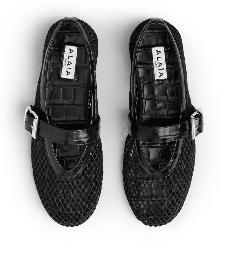 Alaïa Womens Croc-Embossed Leather Mesh Ballet Flats Black Image 2