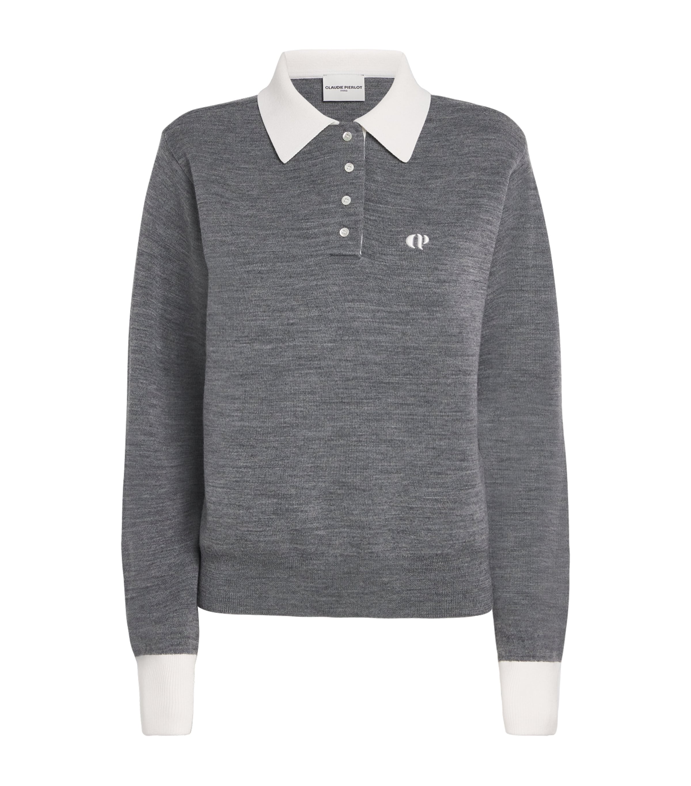 Claudie Pierlot Womens Anthracite Logo-embroidered Long-sleeve Wool-blend Polo In Gray