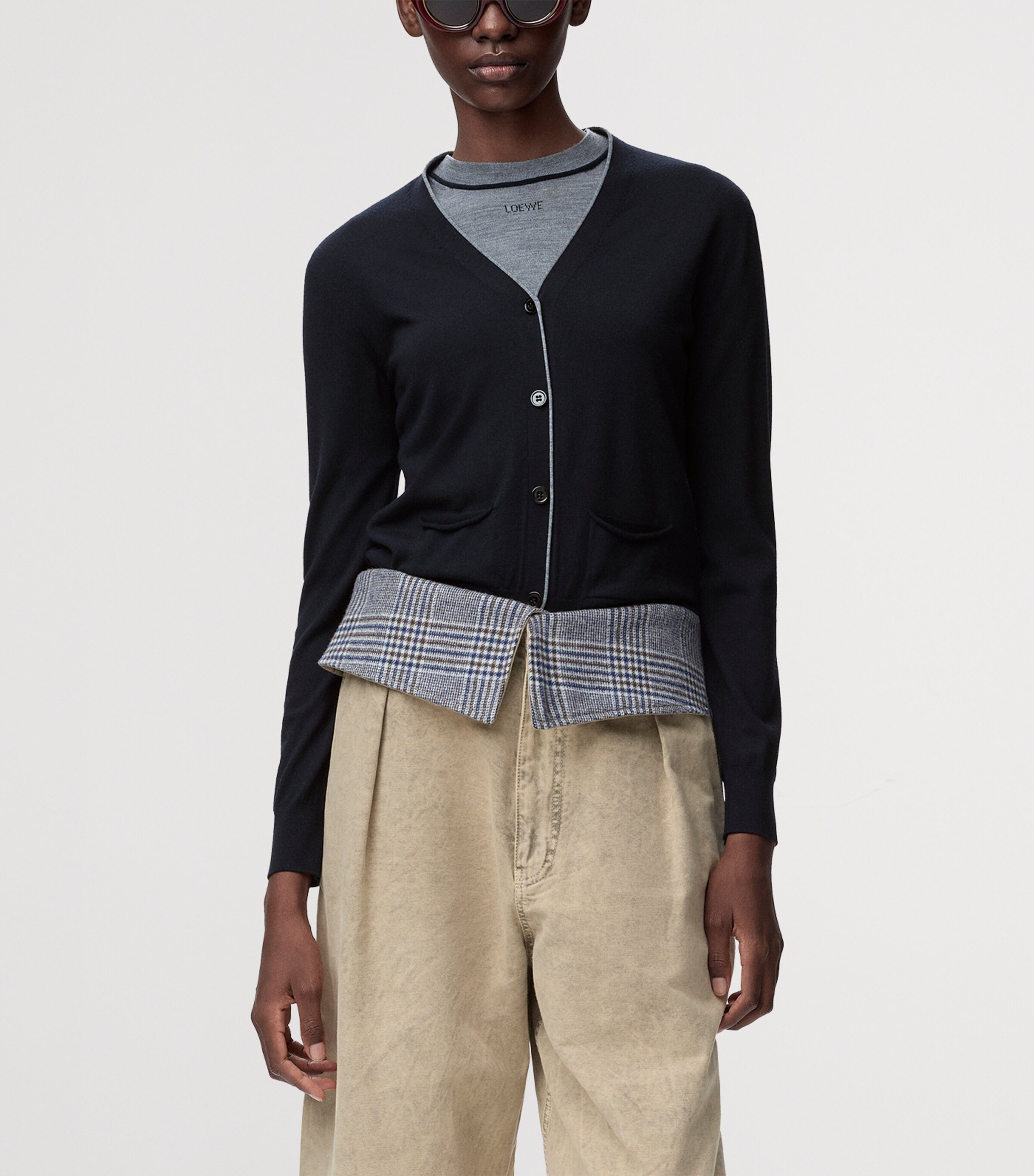 LOEWE Womens Wool V-Neck Cardigan Navy Blue/grey Image 3
