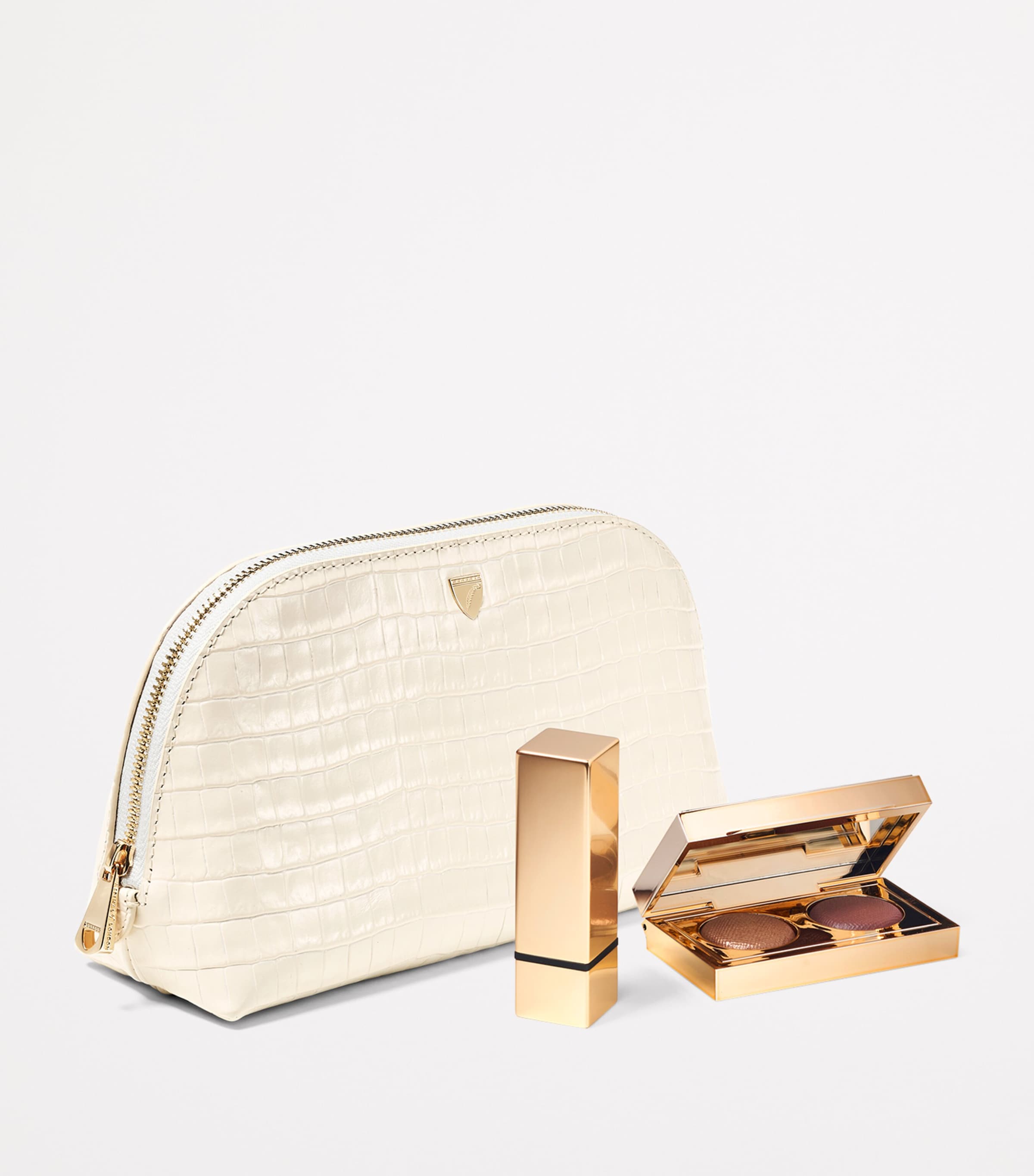 Small Croc-Embossed Leather Classic Make-Up Bag IVORY Image 3