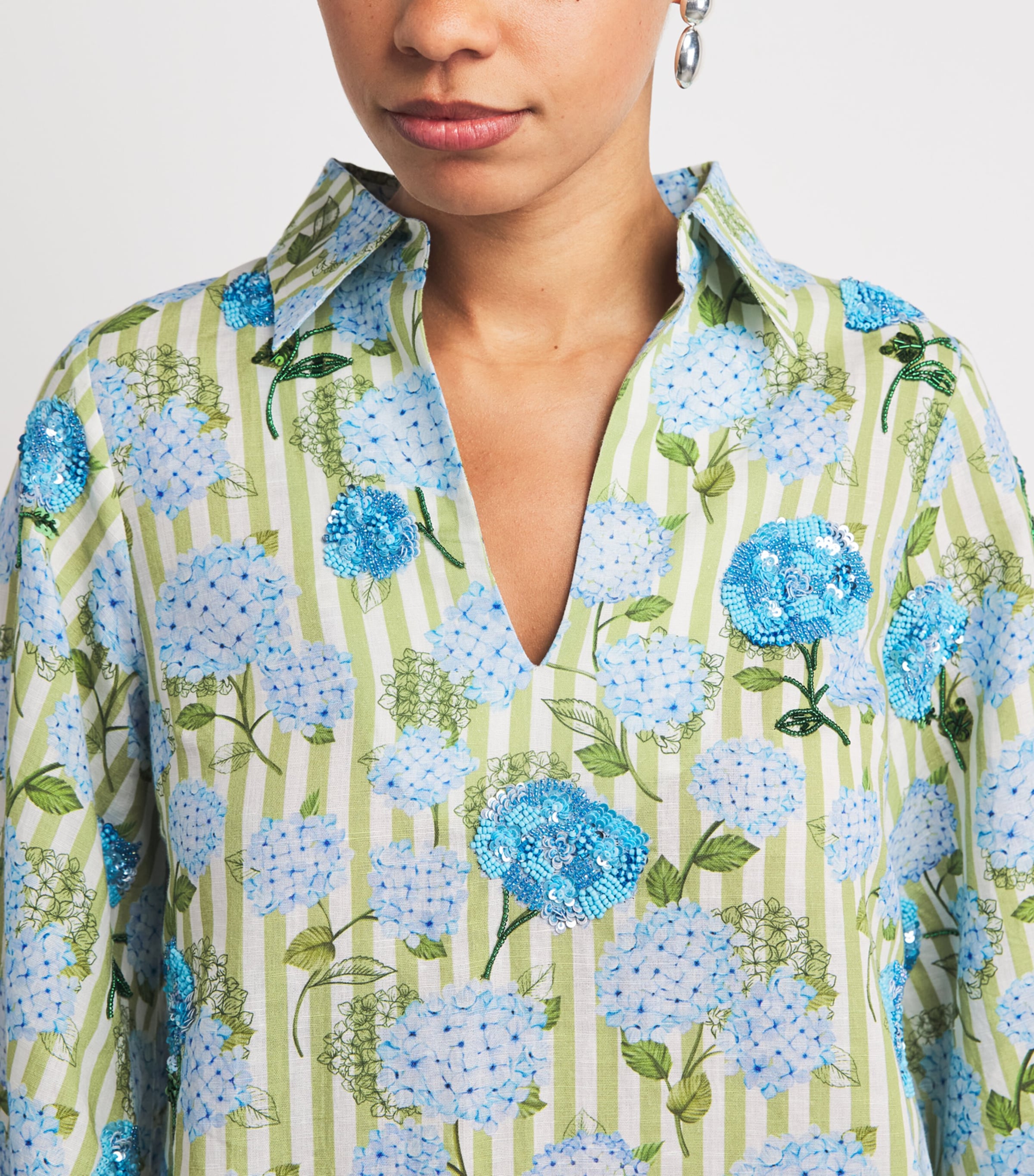 Verandah Womens Embellished Hydrangea Mini Tunic Dress Iv & Grn Hydr Stripe Image 3