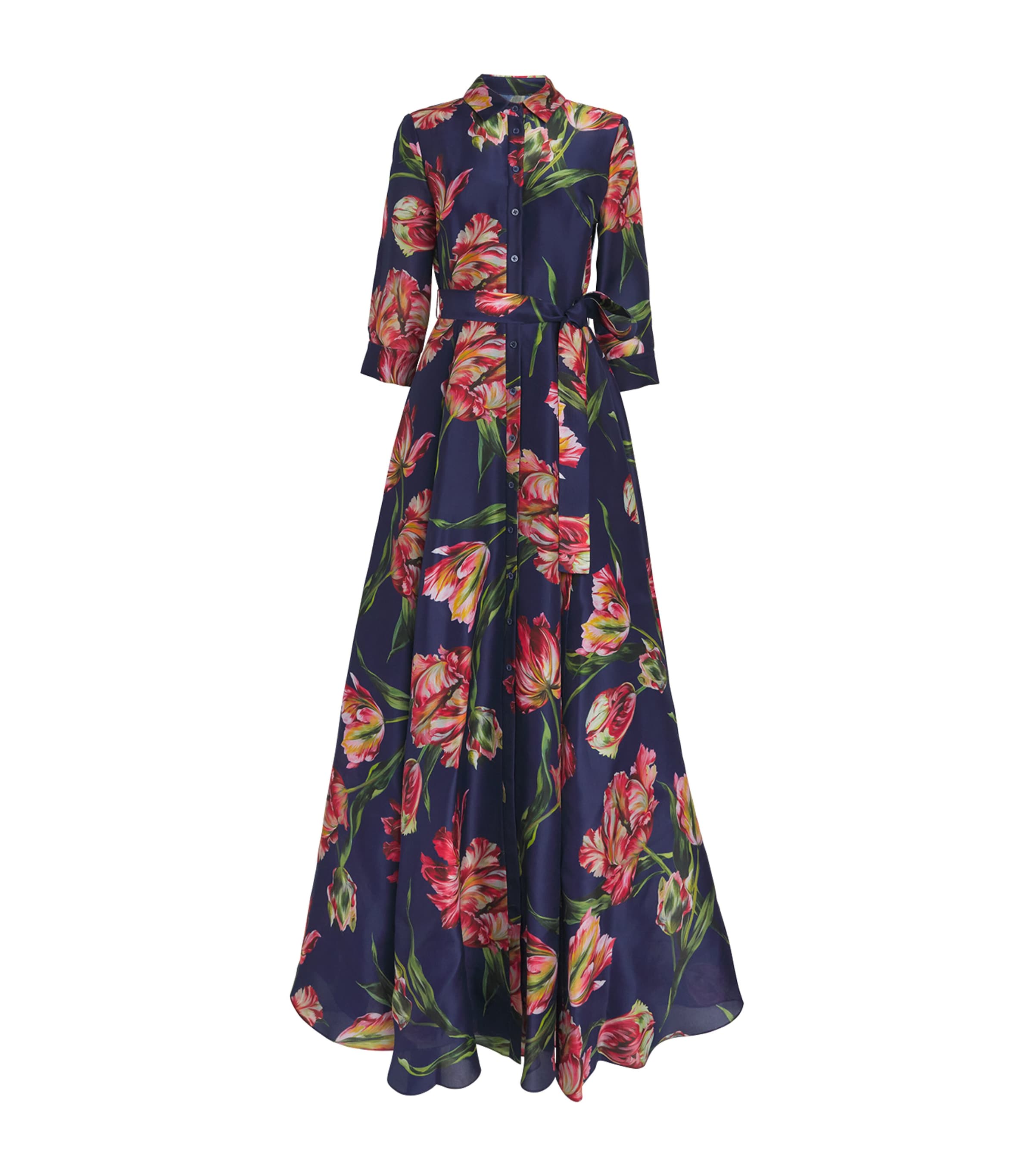 Carolina Herrera Floral Silk Belted Long-sleeve Trench Gown In Blue
