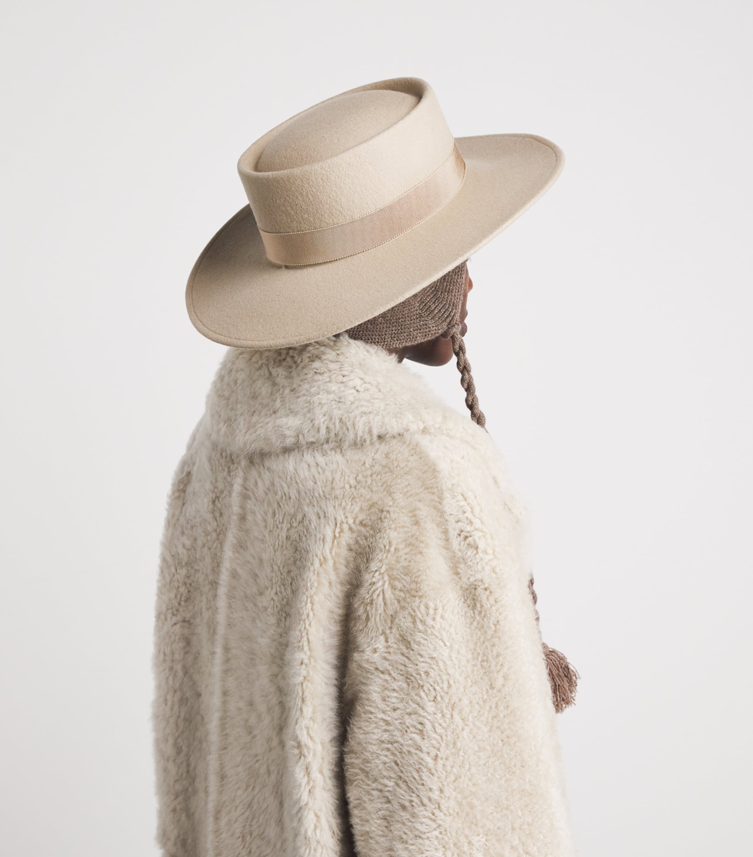 Agnona Wool Felt Tassel Wide-Brim Hat Warm Grey Sand Image 2