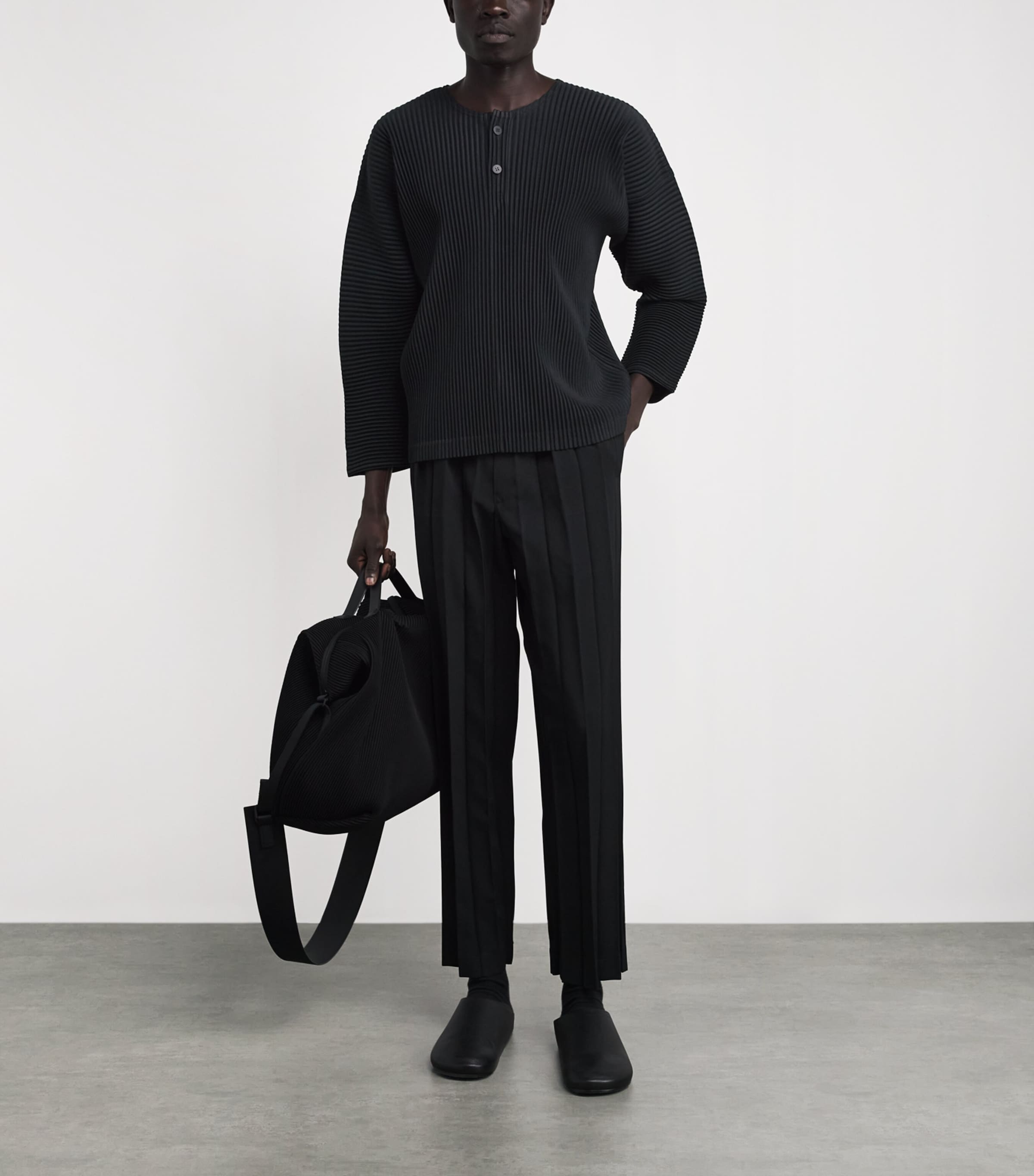 Homme Plissé Issey Miyake Mens Pleated Henley Shirt Black Image 2
