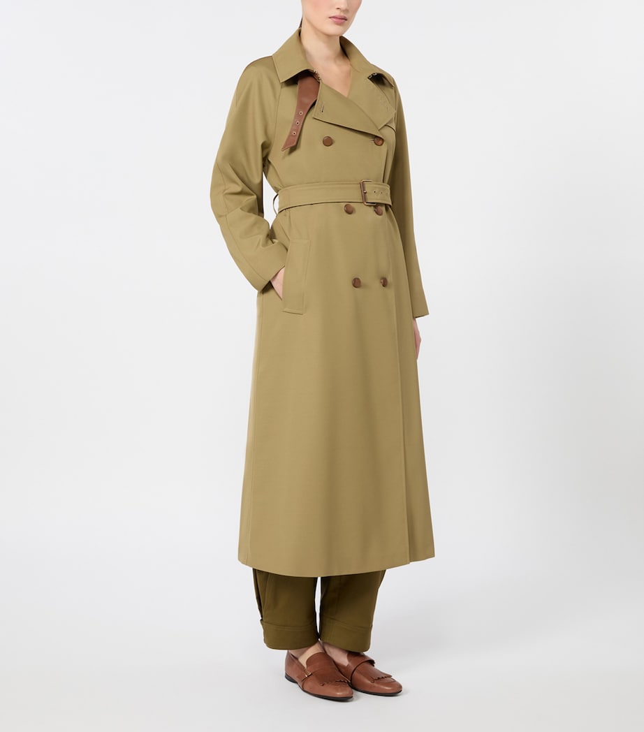Max Mara Womens Leather-Trim Trench Coat Kaki Image 3