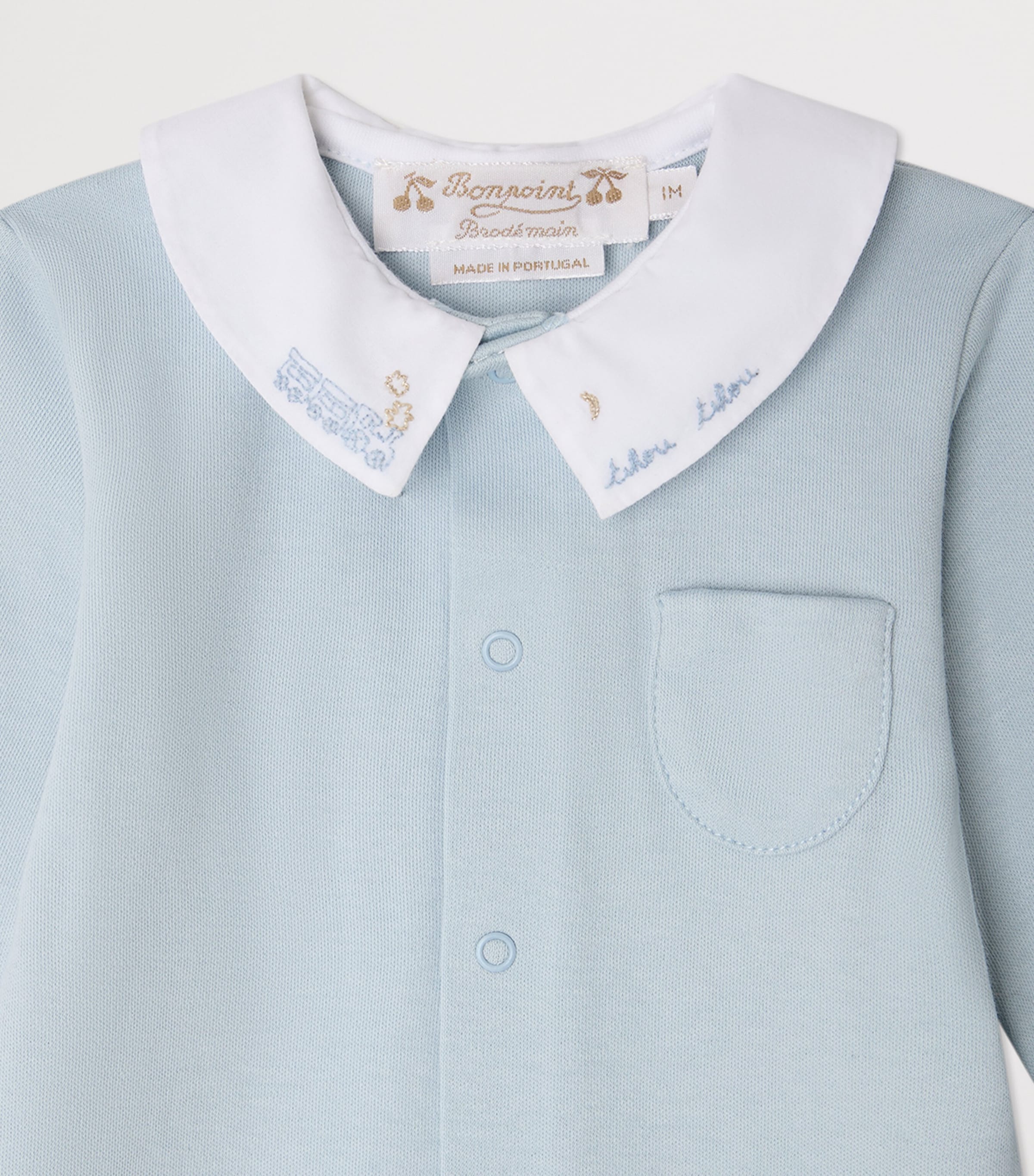 Bonpoint Cotton Embroidered-Collar Playsuit (1-18 Months) Bleu Moyen Image 3