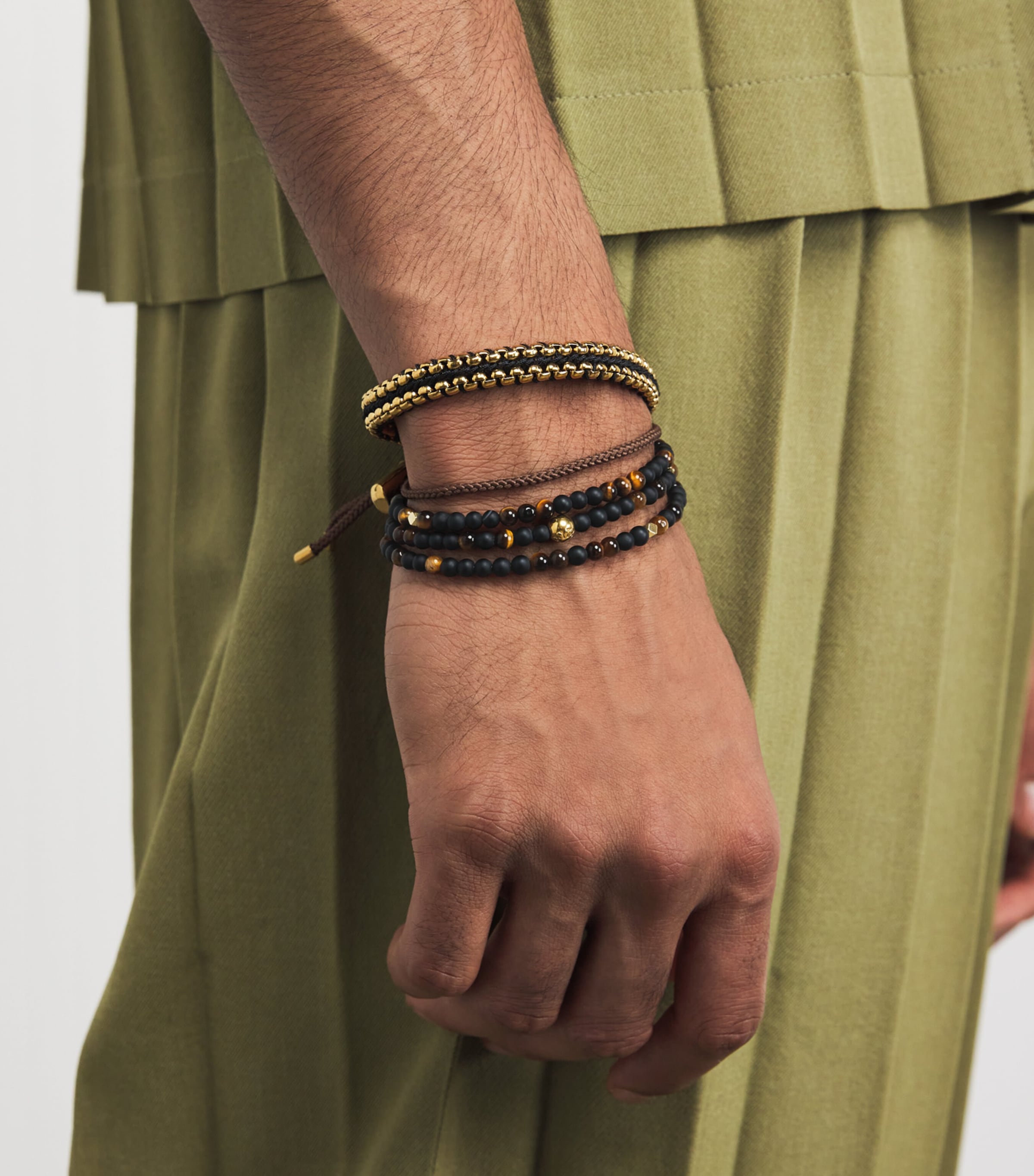 Gold-Plated Stainless Steel, Brown Tiger Eye and Matte Onyx Beaded Bracelet MULTI Image 5