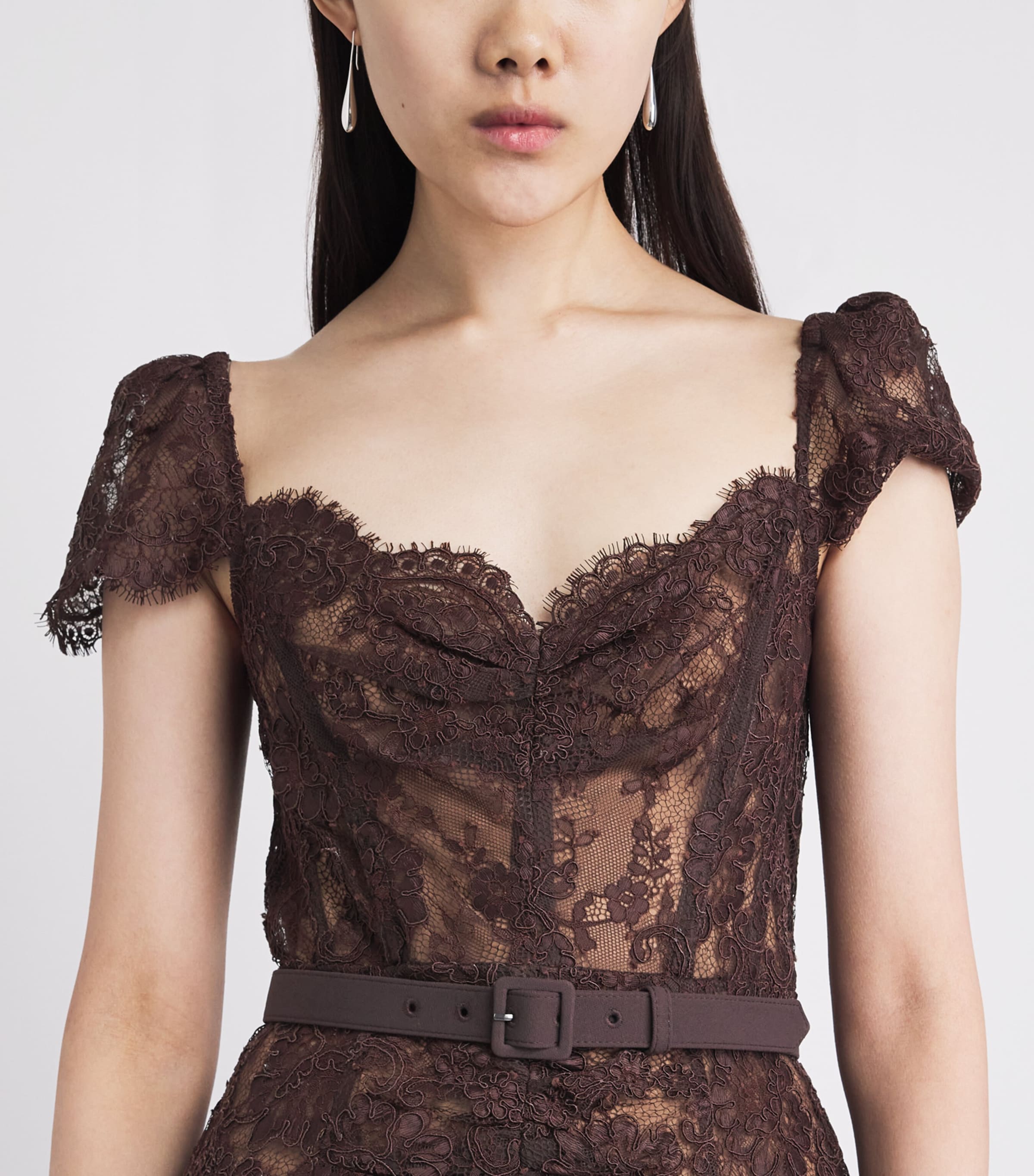 Self-Portrait Womens Lace Floral Midi Dress Brown Image 5