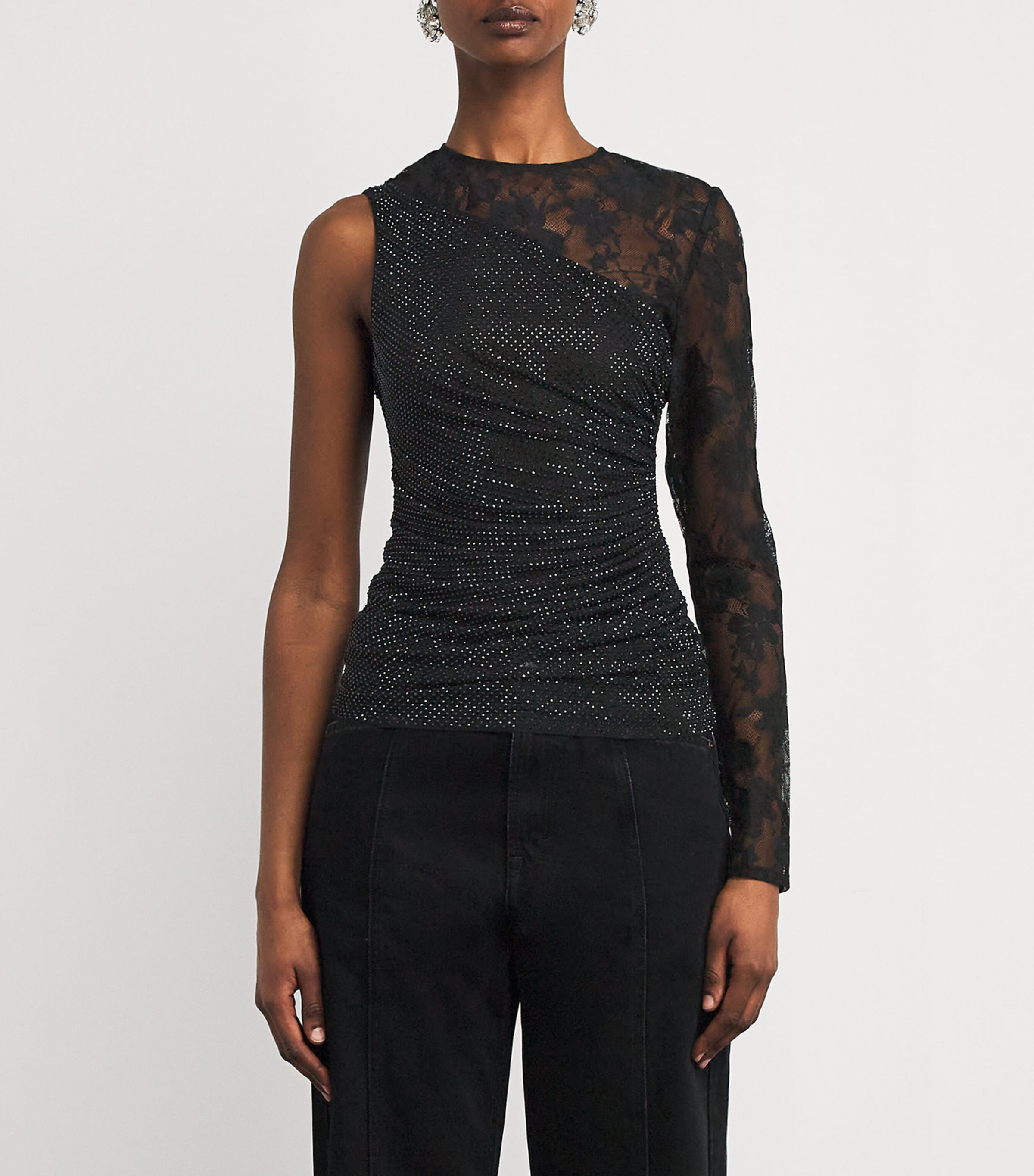 Tシャツ・カットソー SELF PORTRAIT TOP WITH RHINESTONE AND LACE SLEEVES Black Rhinestone Lace Sleeve Top – self-portrait-US