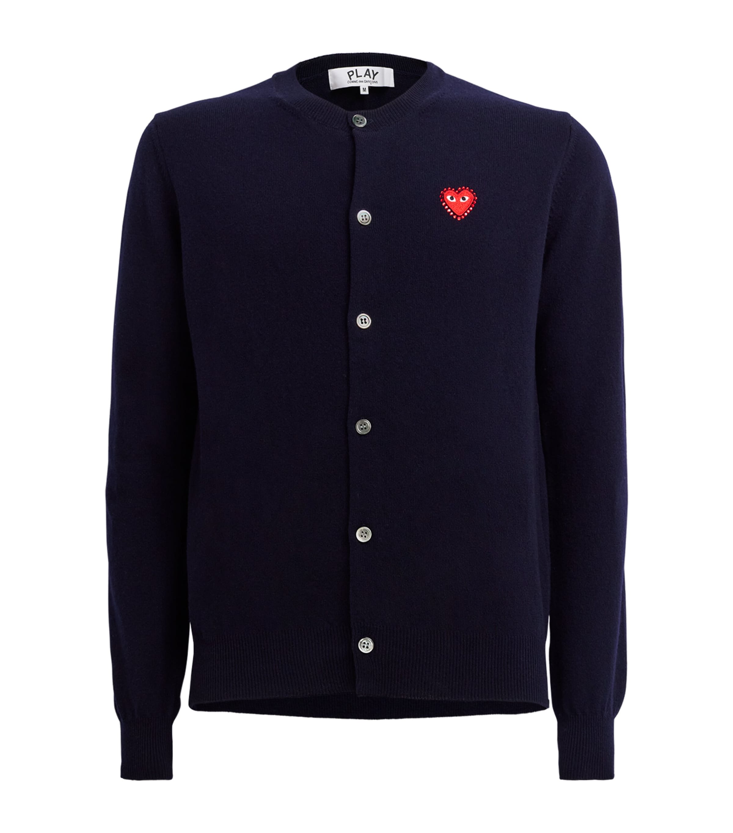 Comme Des Garçons Play Mens Wool Rhinestone Heart Logo Cardigan Navy Image 1