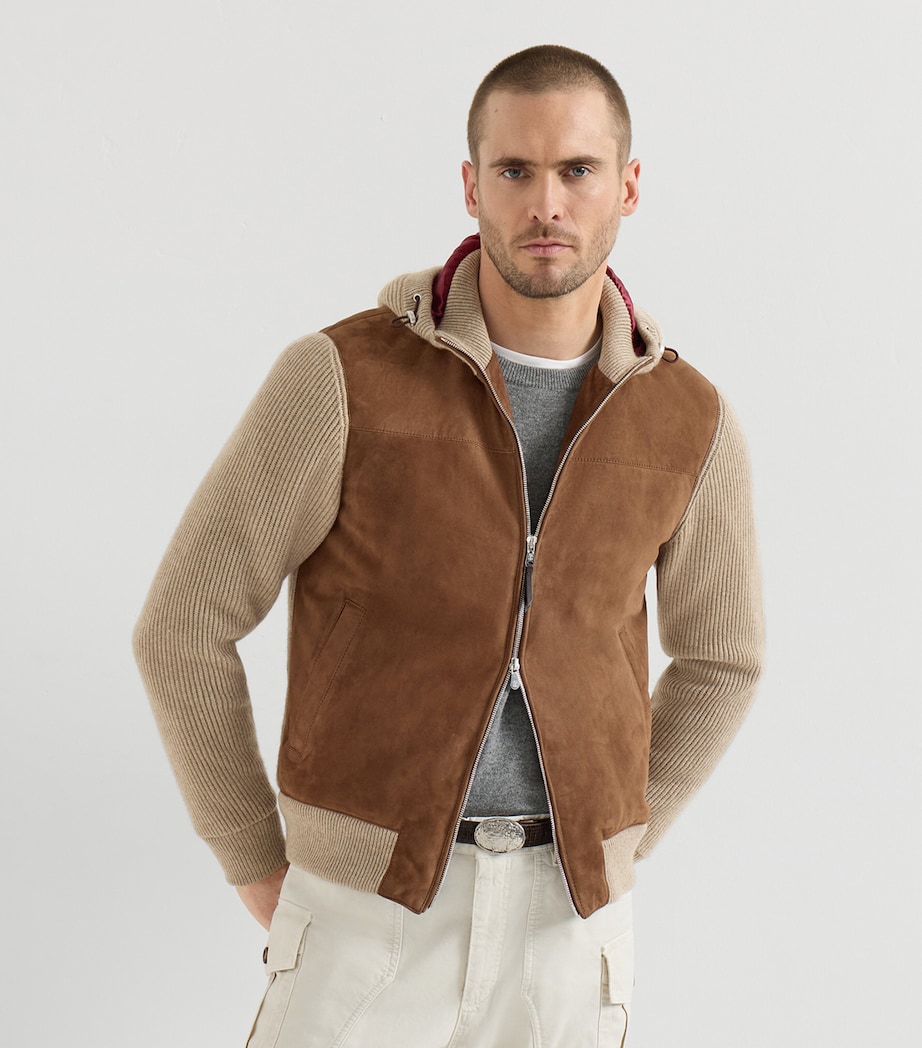 Brunello Cucinelli Mens Ribbed Suede-Panel Hooded Jacket Image 3