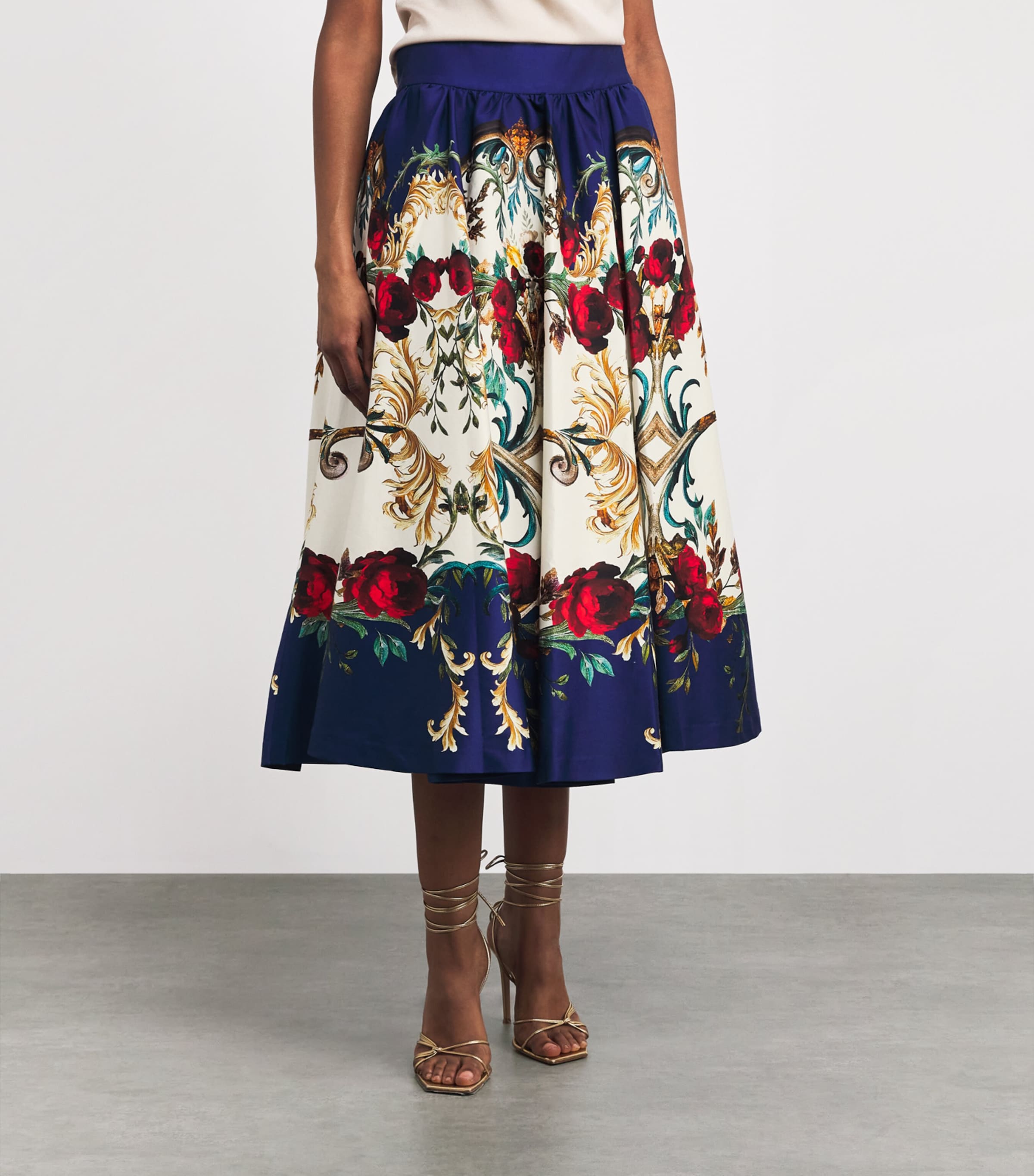 Alice+Olivia Womens Stretch-Cotton Floral Nilda Midi Skirt Gilded Rose Image 4