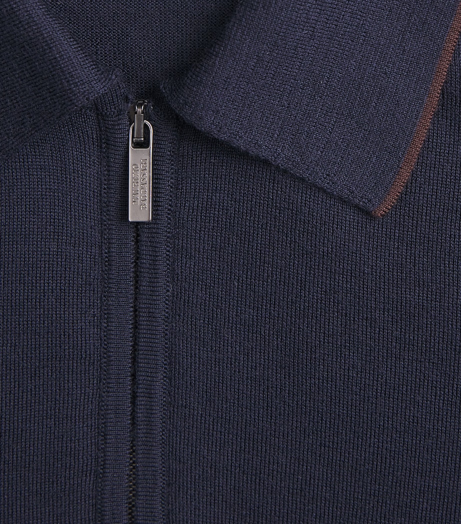 Maurizio Baldassari Mens Virgin Wool Zip-Up Polo Shirt Dark Navy Image 6