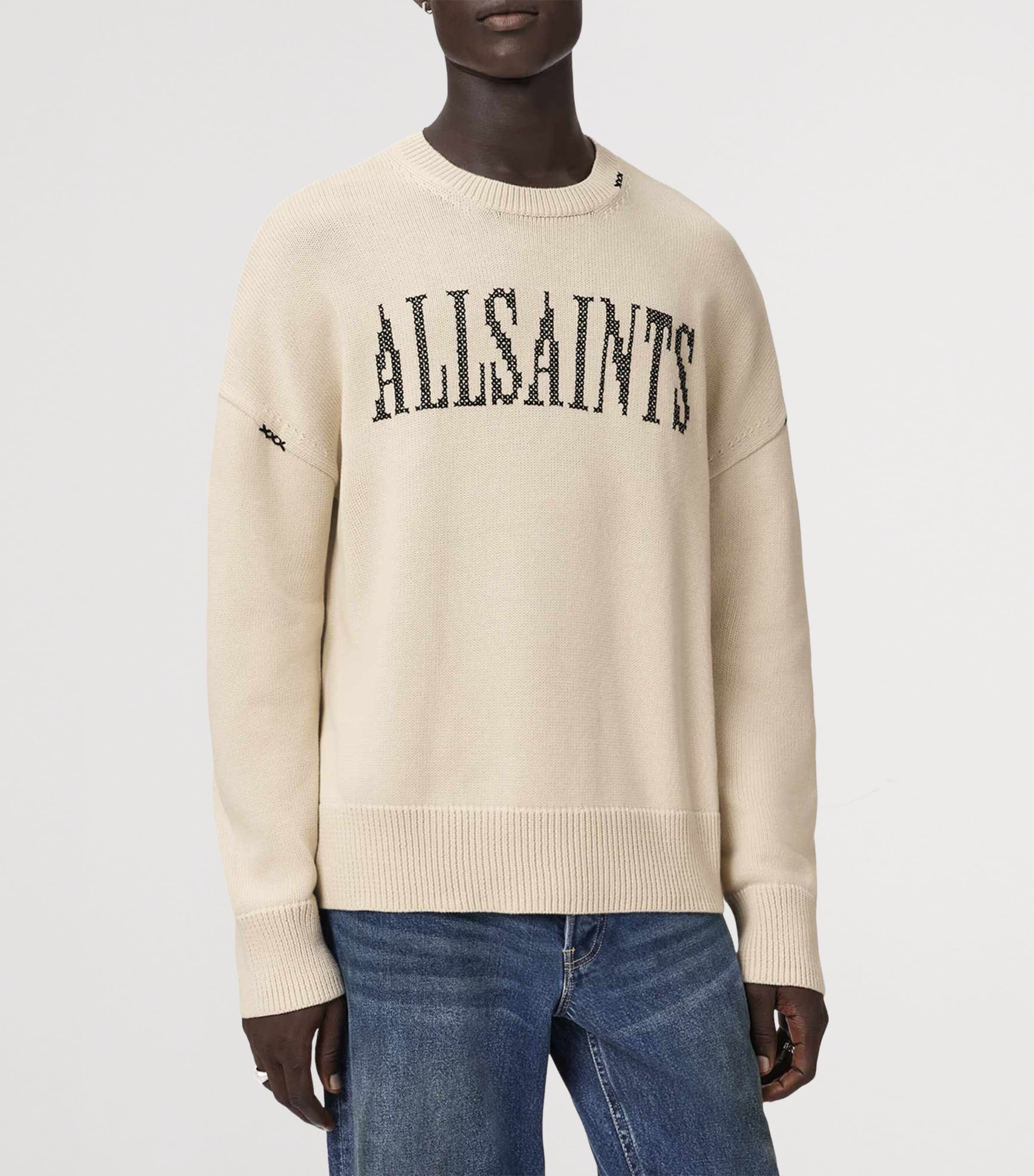 AllSaints Mens Organic Cotton Crossed Sweater Ecru White Image 3