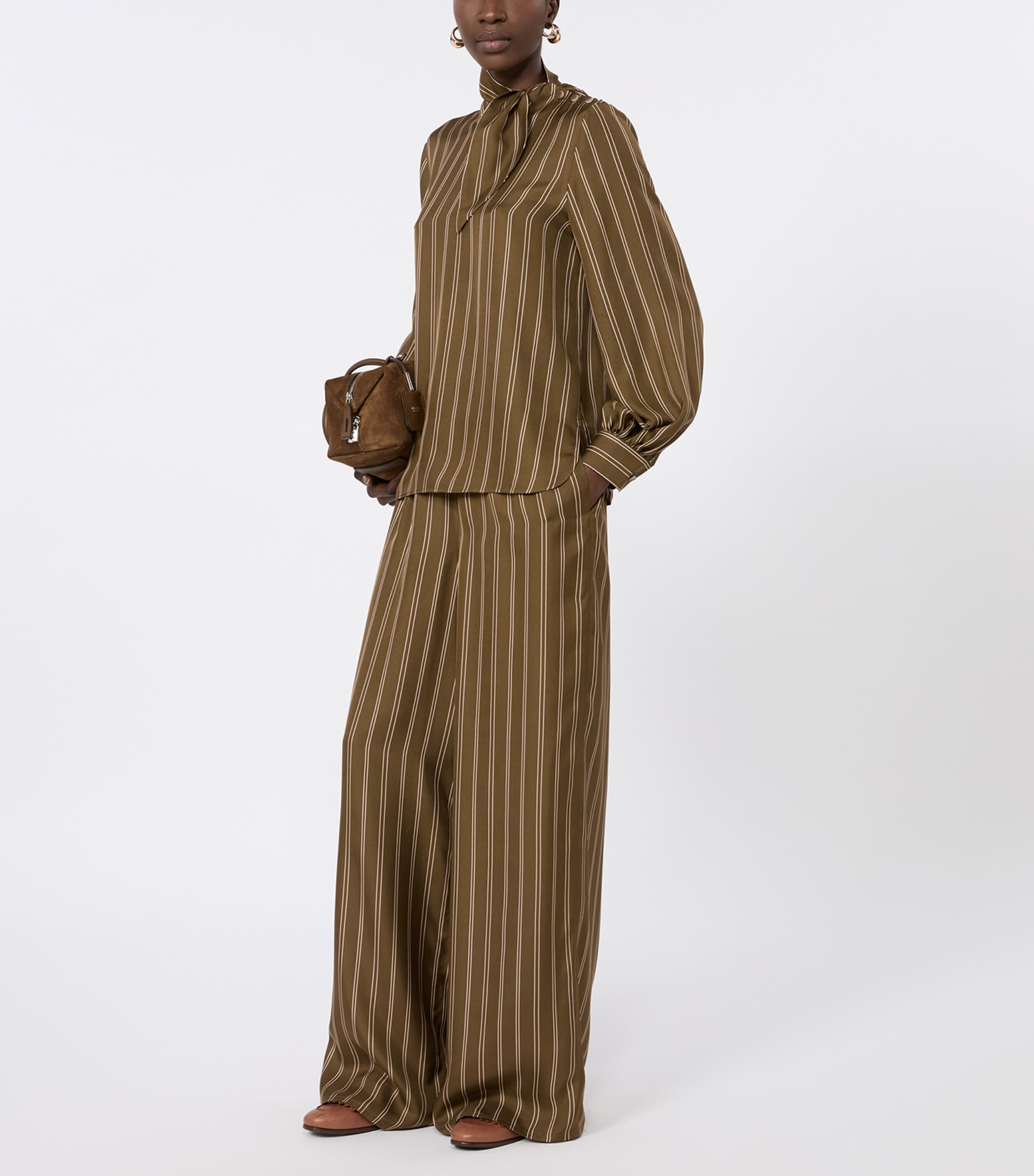 Max Mara Womens Silk Stripe Wide-Leg Trousers Kaki Image 2