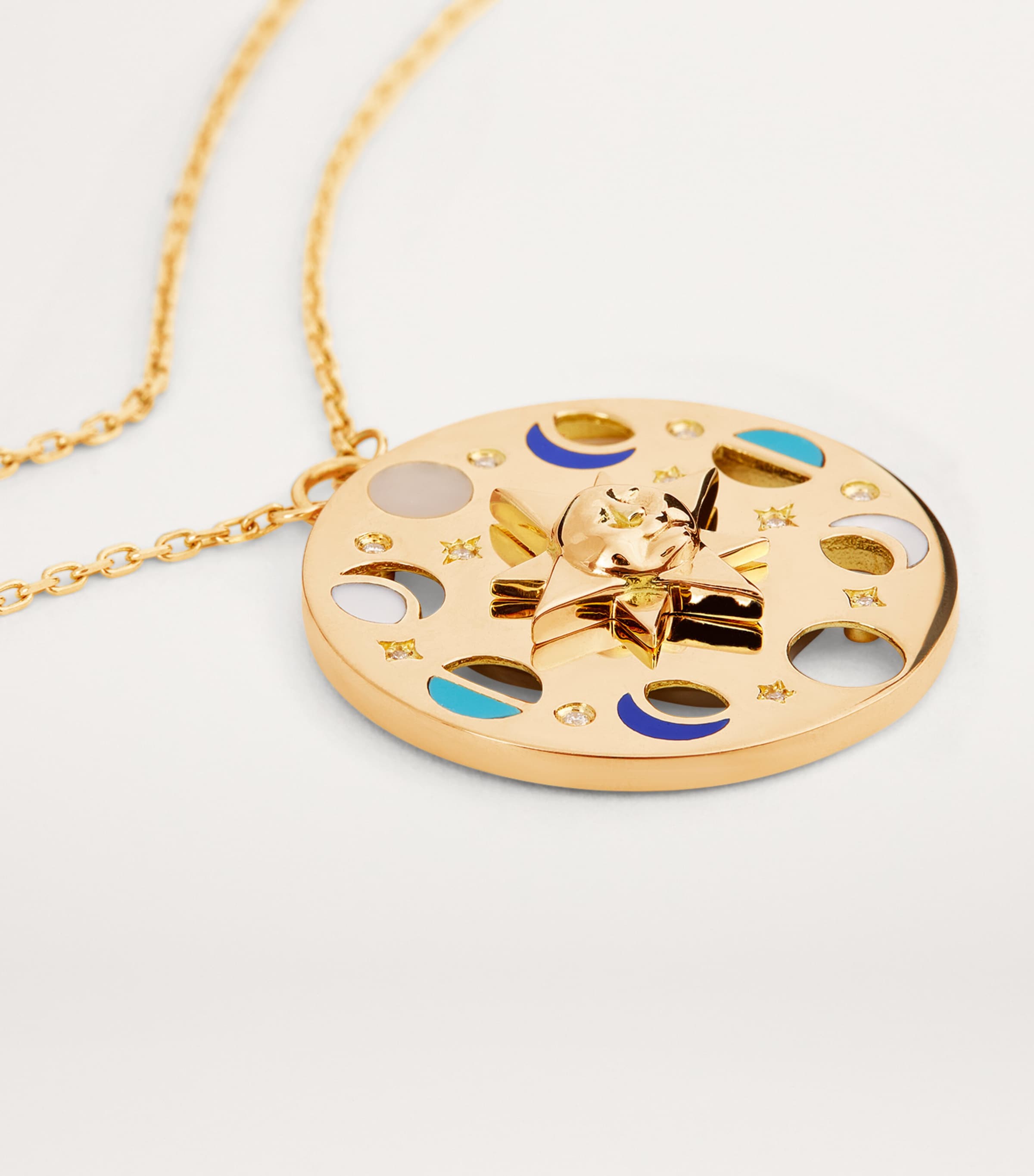 Yellow Gold, White Diamond, Lapis and Turquoise Moon Phase Necklace YELLOW GOLD Image 6