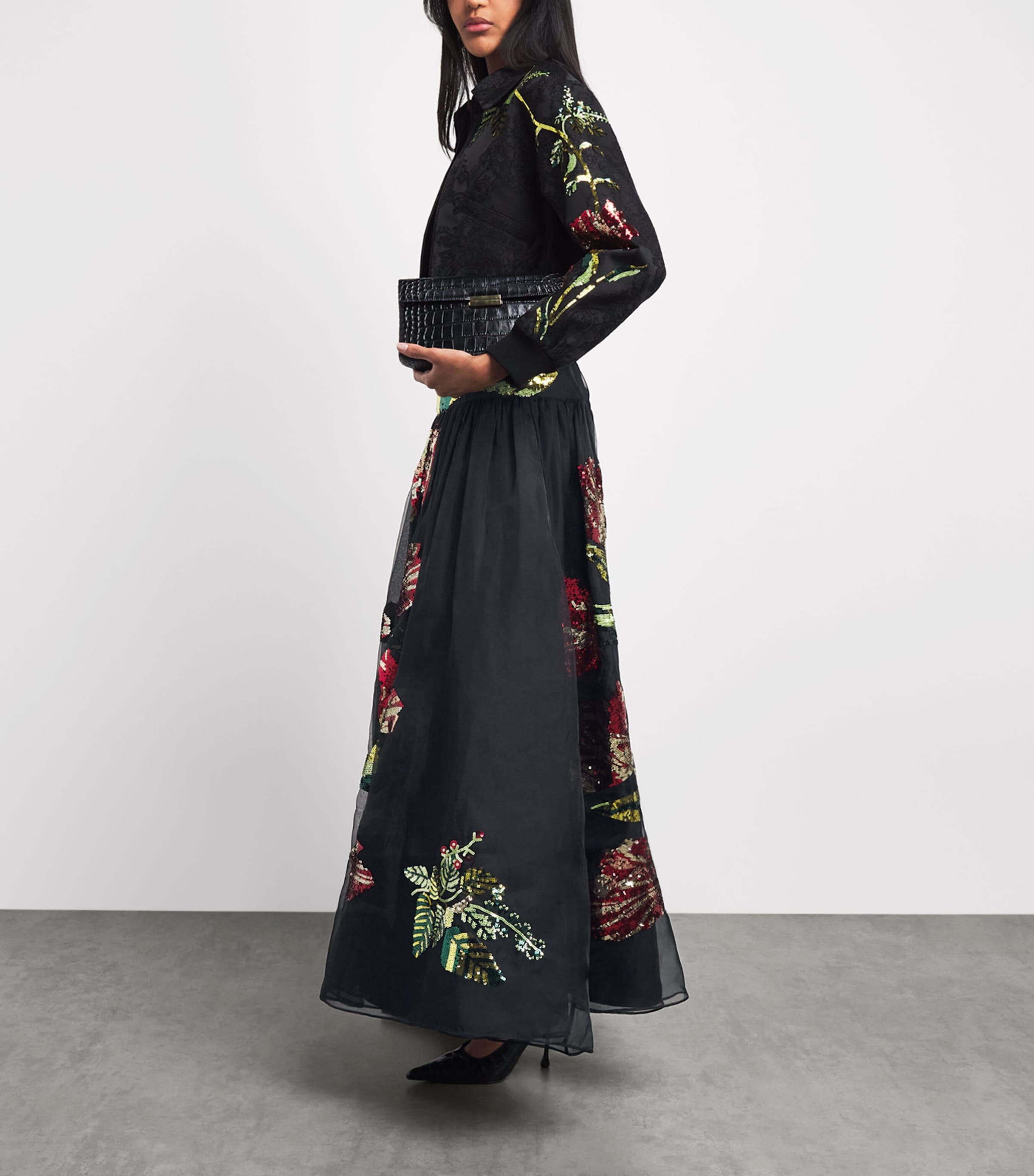 Alice+Olivia Womens Embellished Oriana Maxi Skirt Soft Tulip Blck Image 2