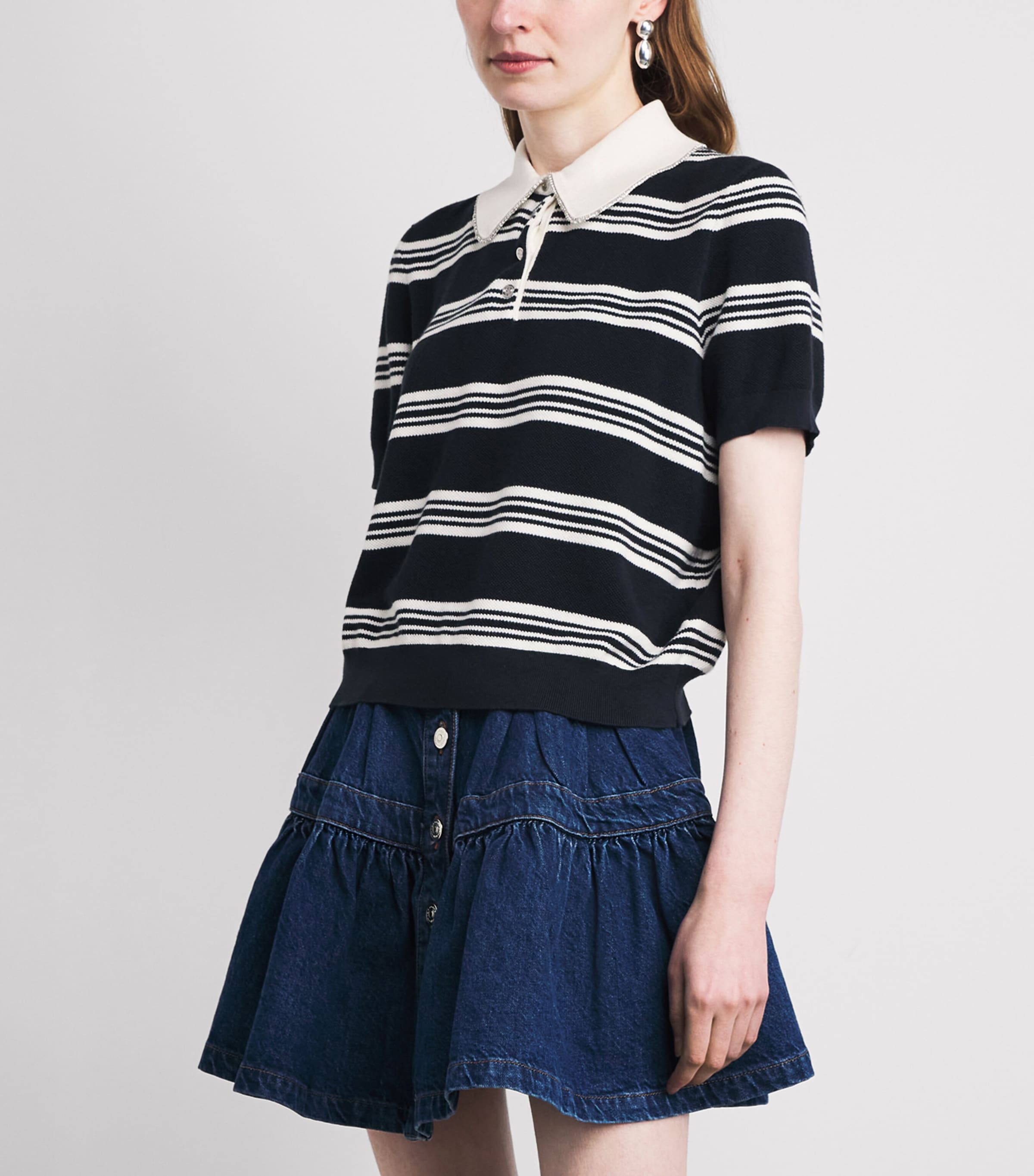 Maje Womens Embellished Stripe Polo Shirt Ecru/navy Blue Image 4
