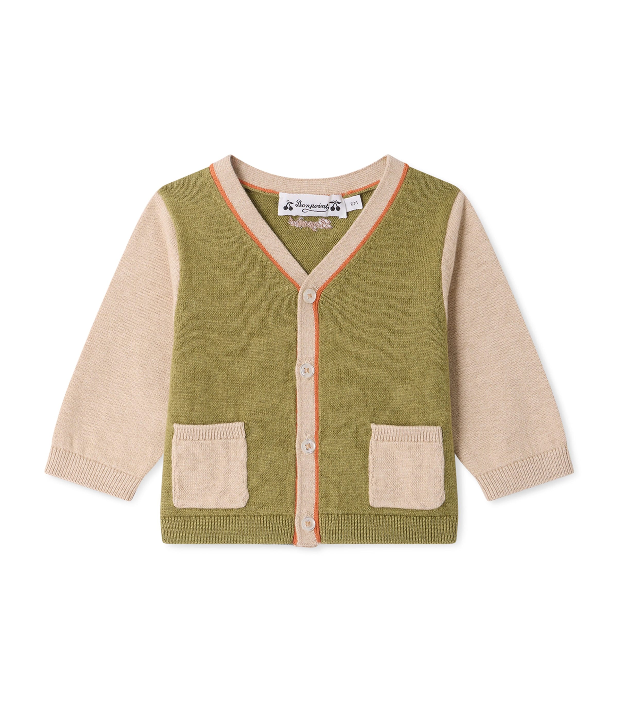 Bonpoint Organic Cotton-Cashmere Tahiel Cardigan (6-12 Months) Kaki Fonce Image 1