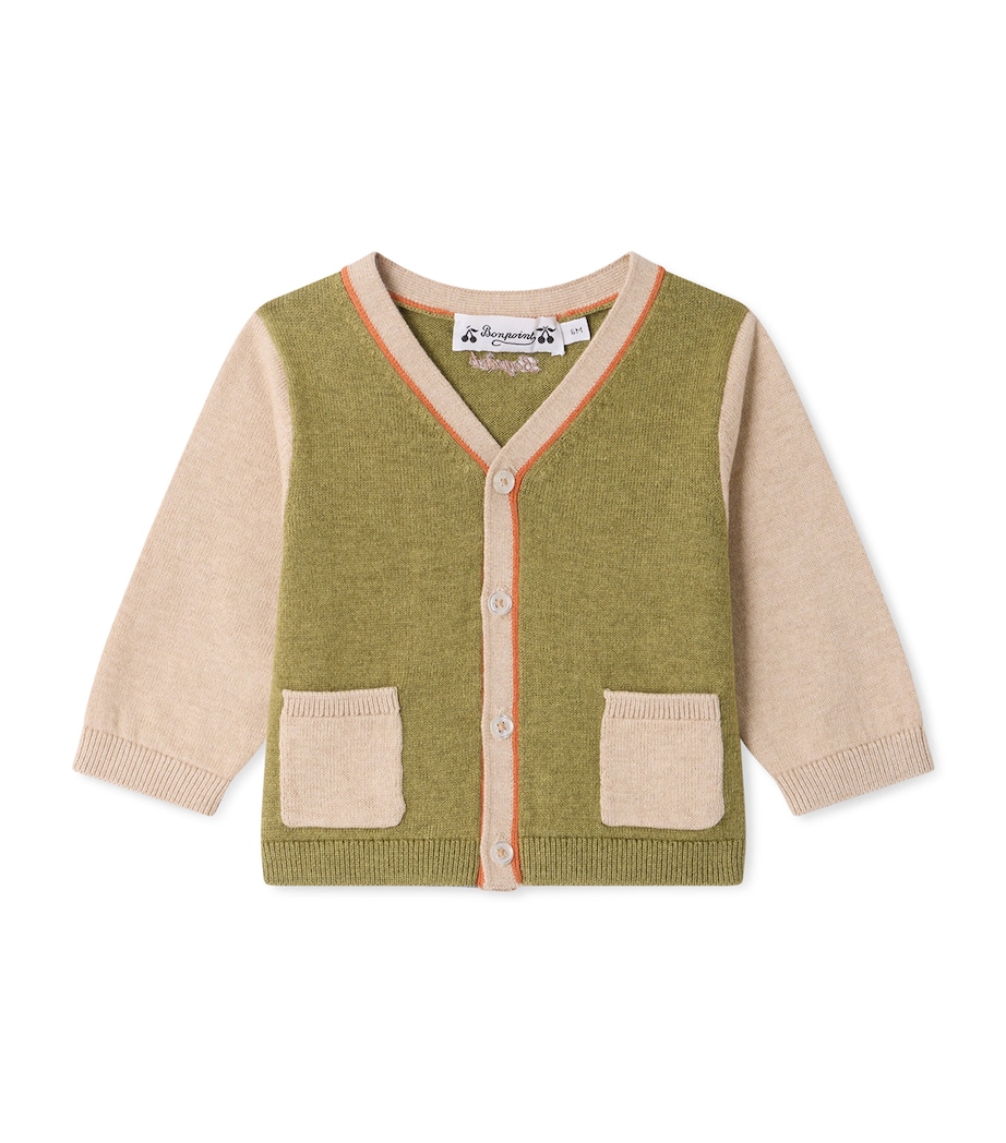 Bonpoint Organic Cotton-Cashmere Tahiel Cardigan (6-12 Months) Kaki Fonce Image 1