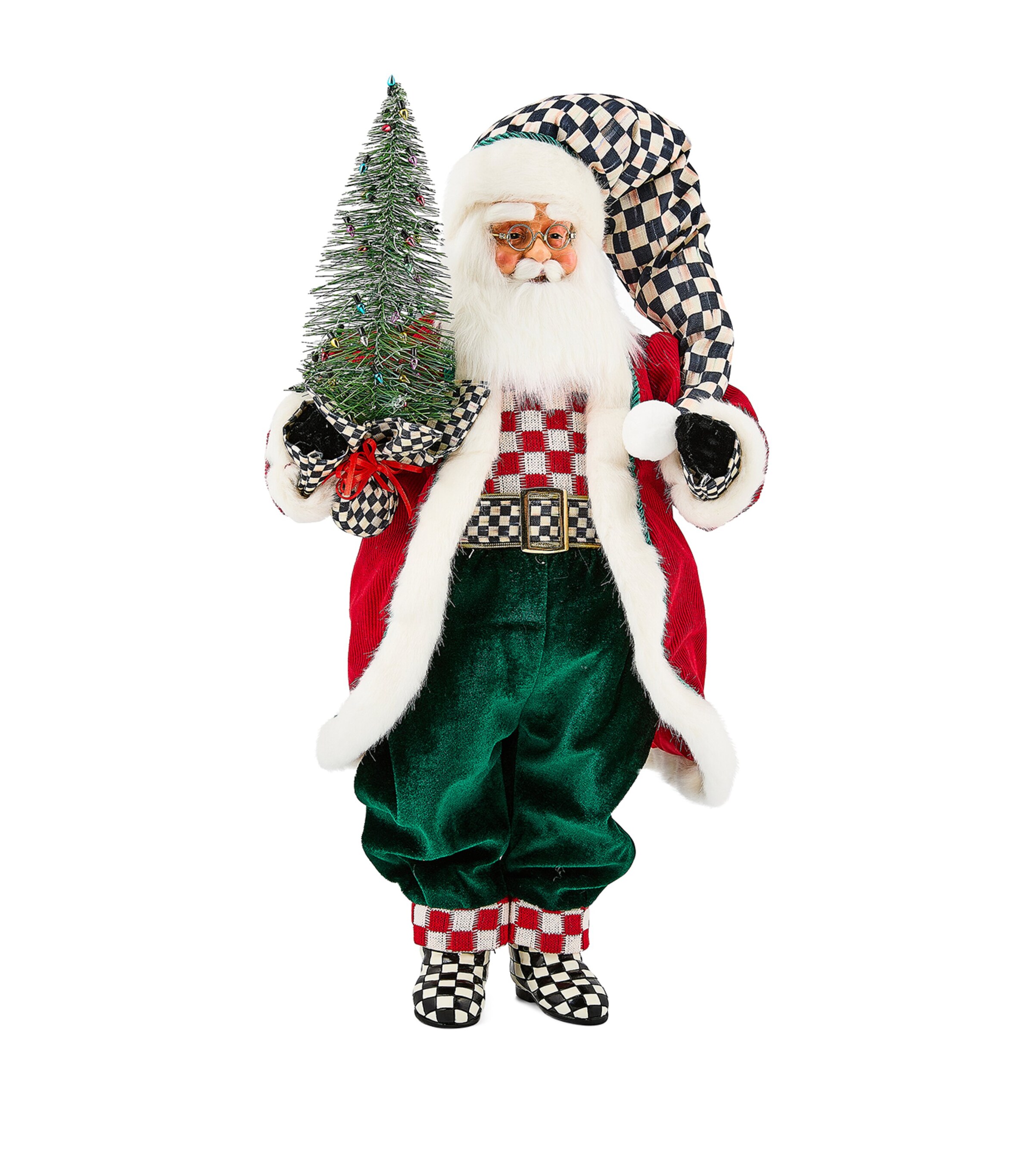 MacKenzie-Childs Check It Out Fabric Santa with Tree Ornament Image 1