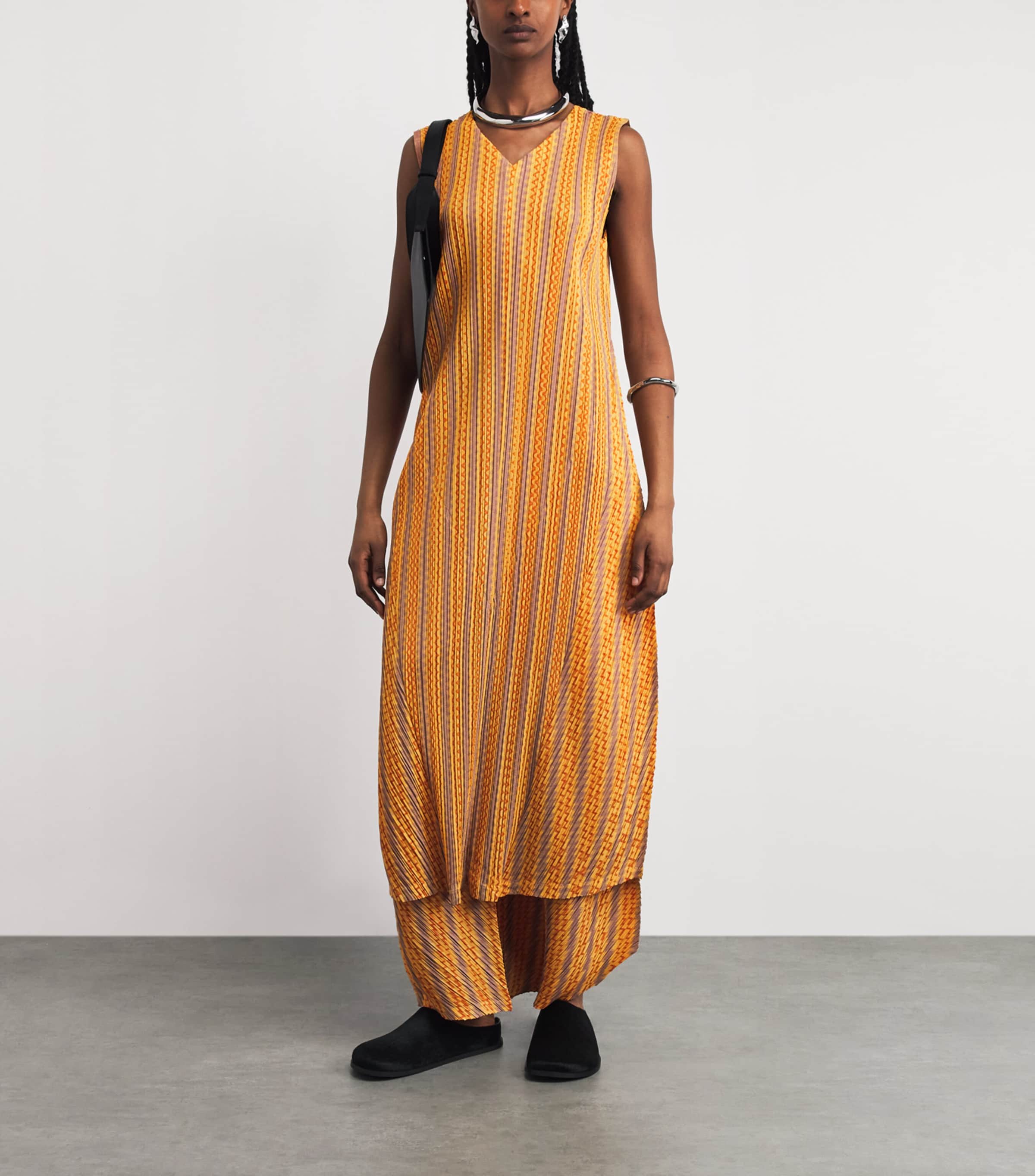 Pleats Please Issey Miyake Womens Cotton-Blend Zigzag Midi Dress Yellow Orange Image 2