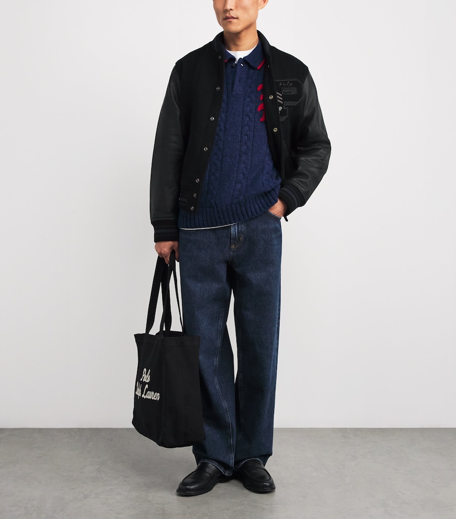 Wool-Blend Leather-Sleeve Varsity Jacket BLACK Image 2