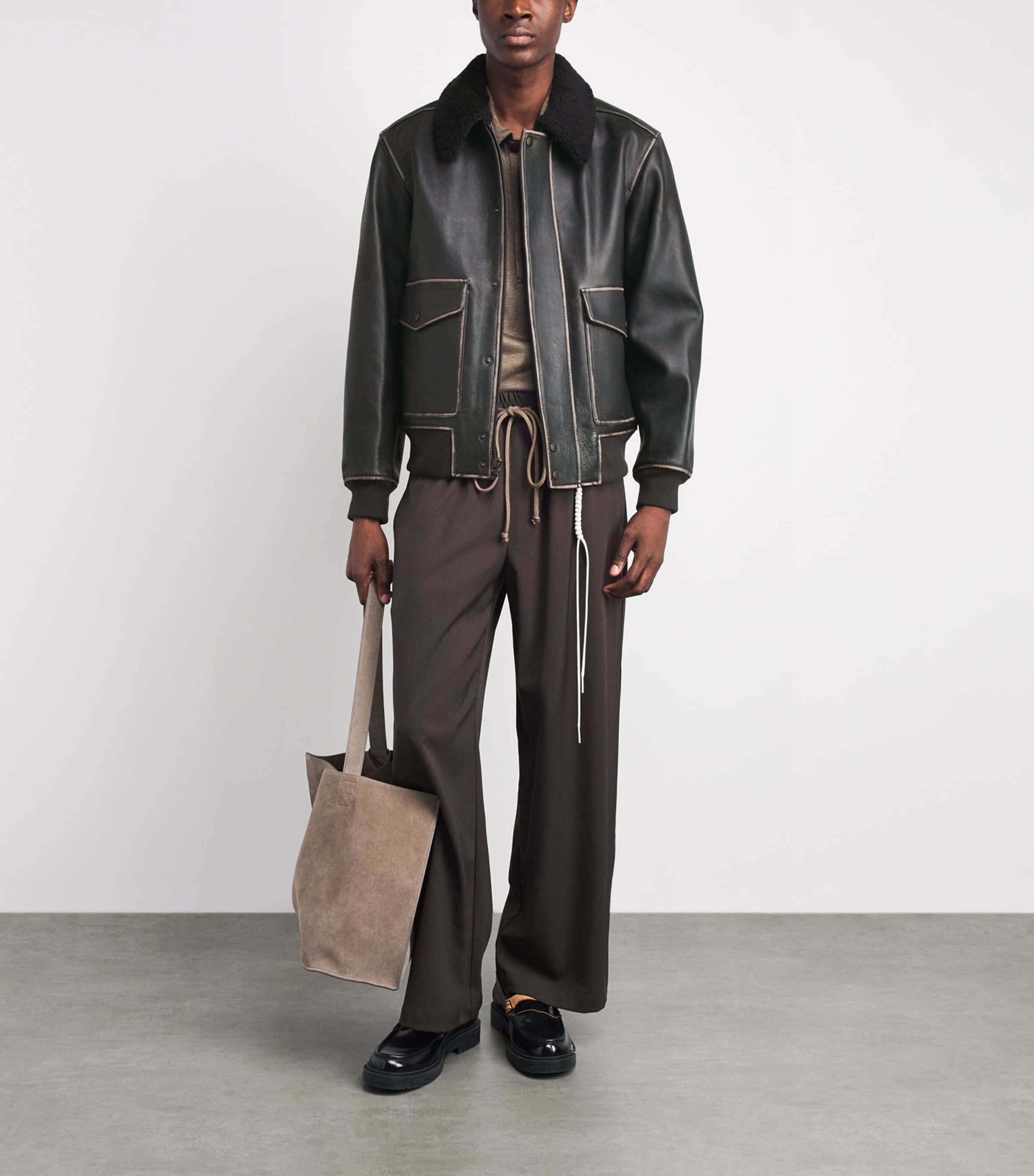 Rag & Bone Mens Leather Shearling-Collar Bomber Jacket Brown Image 2