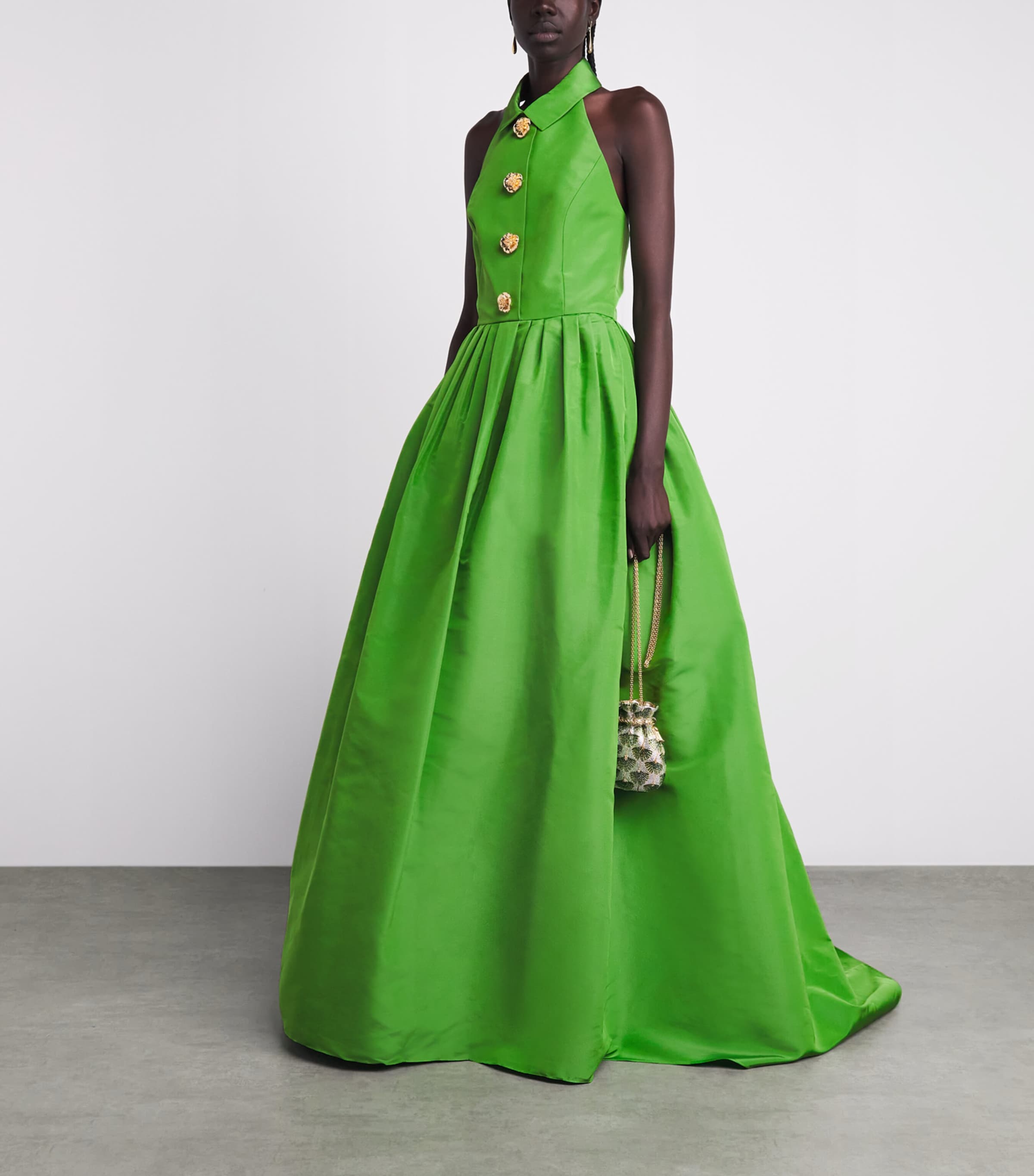Carolina Herrera Womens Silk Collared Halterneck Gown Lawn Green Image 2
