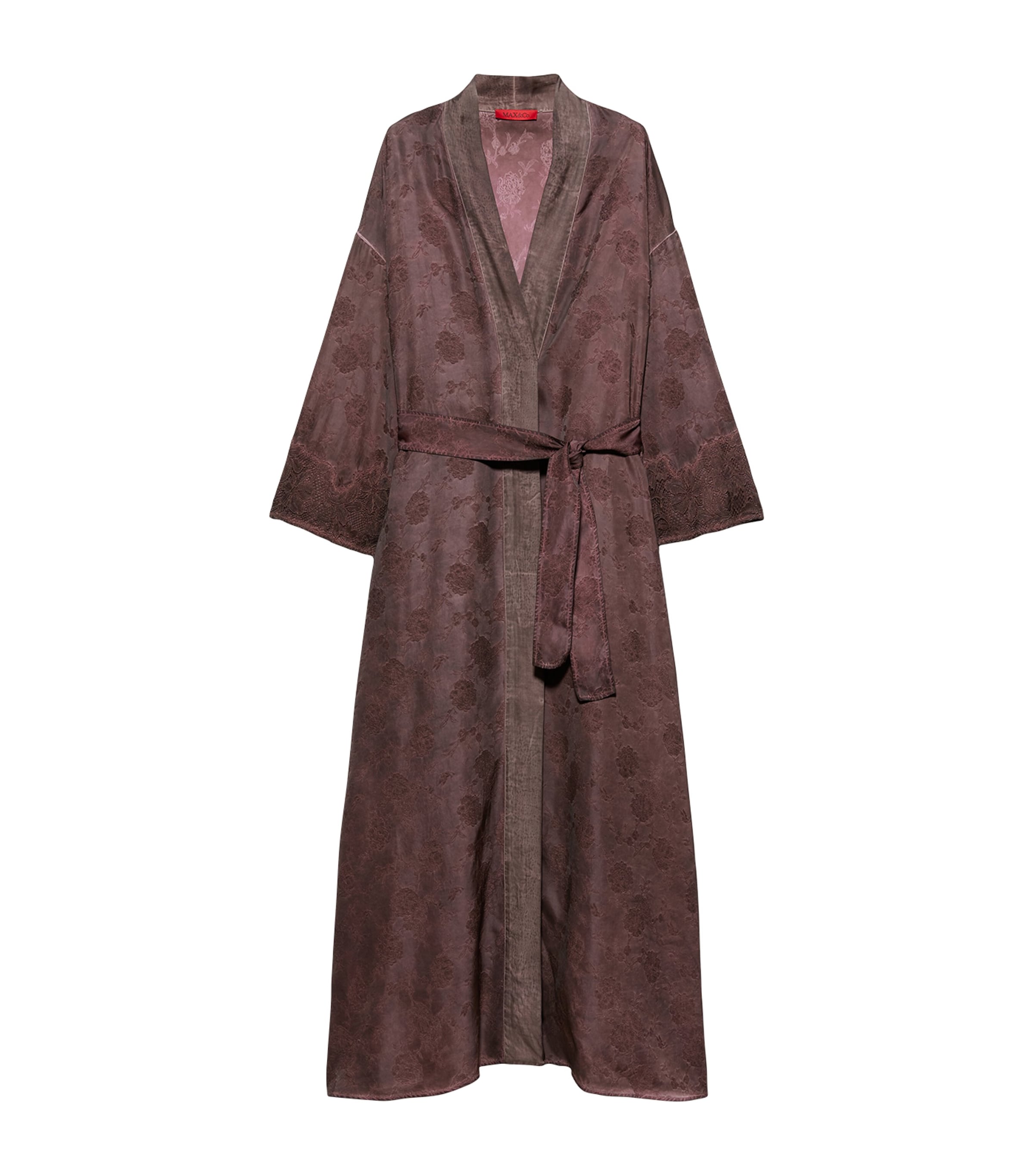 Max & Co . Satin Floral Belted Coat In Brown