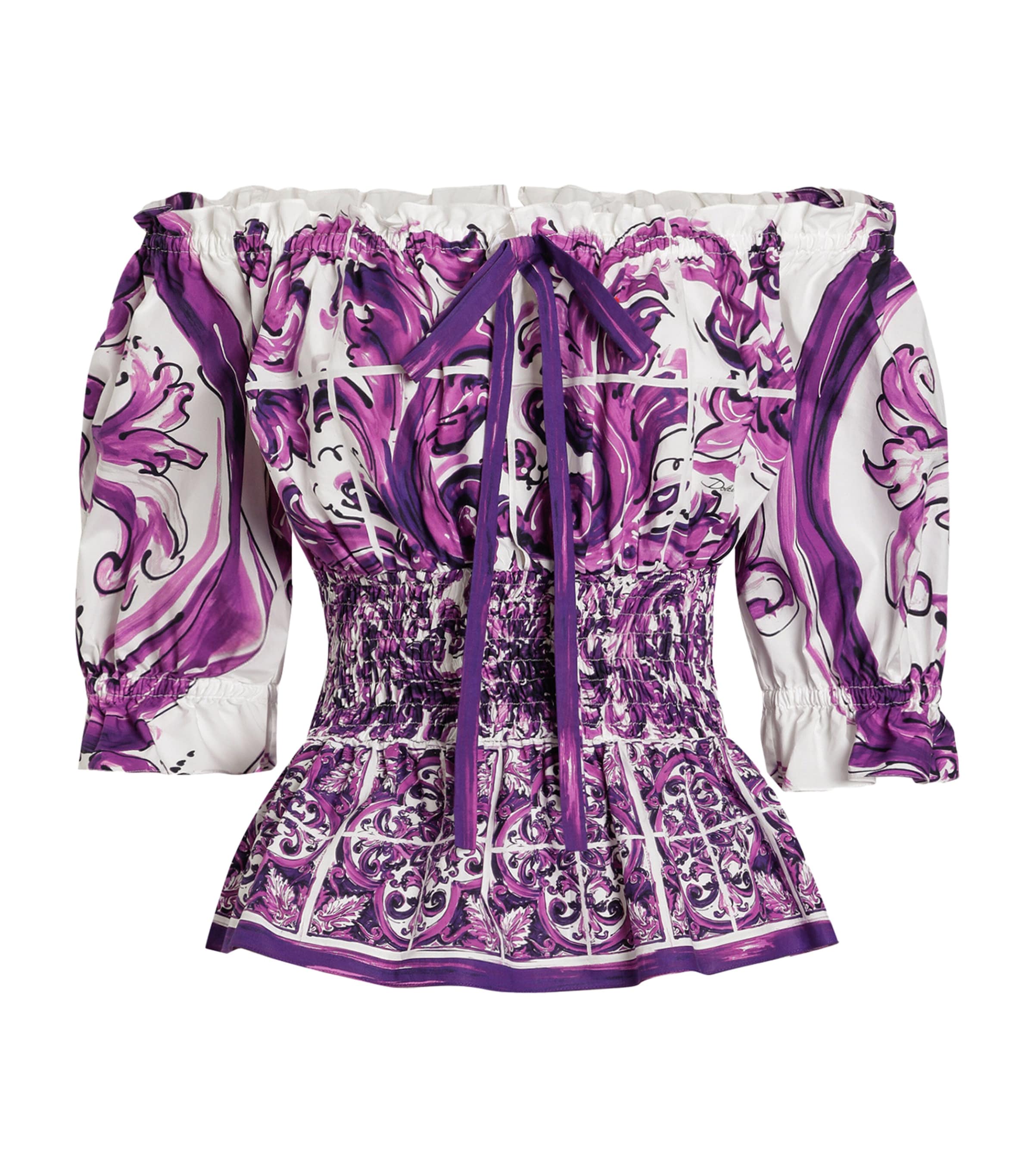 Dolce & Gabbana Smocked Waist Off-the-shoulder Top With Puff Sleeves In Purple