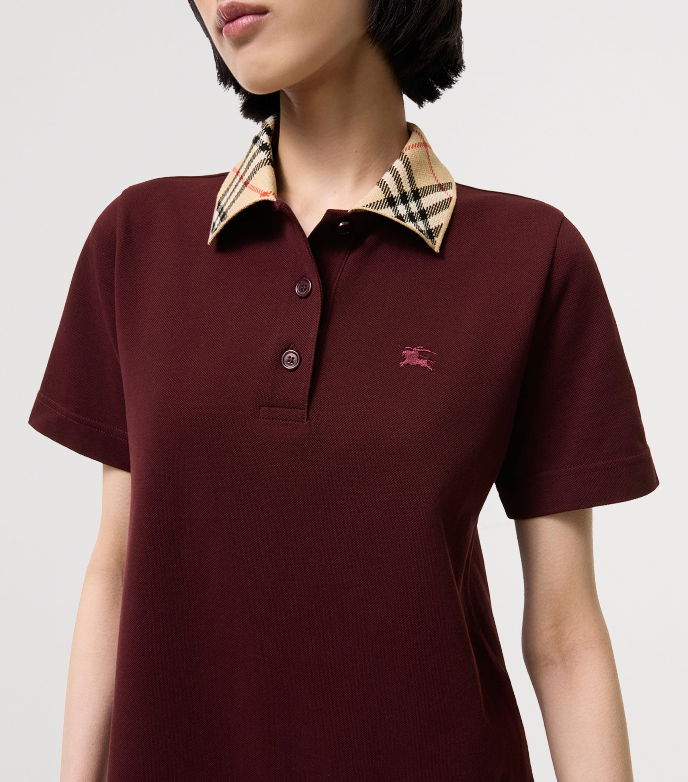 Burberry Womens Cotton Check-Collar Polo Shirt Mini Dress Vineyard Red Image 3