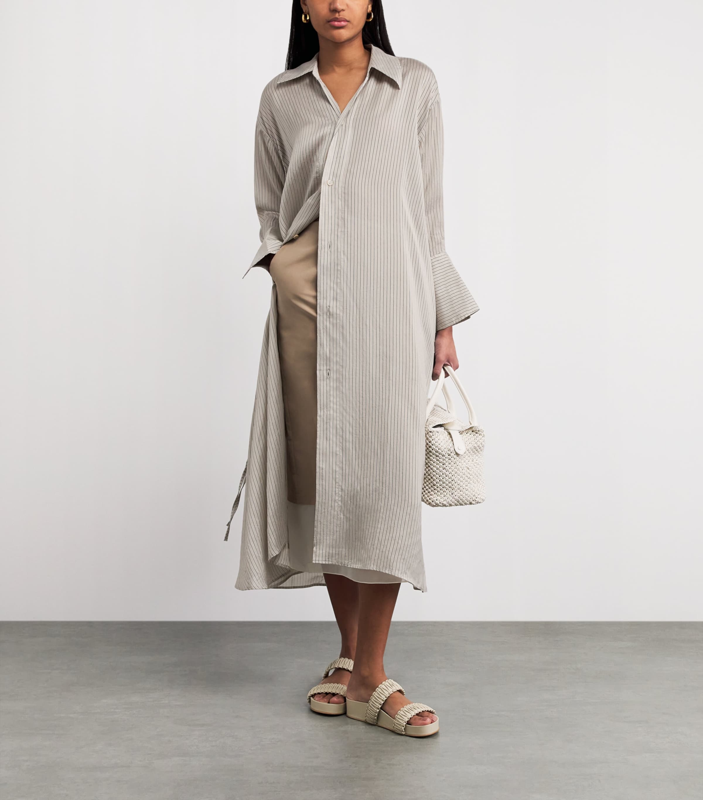 Palmer//Harding Womens Stripe Drift Midi Shirt Dress Beige Silk Stripe Image 2