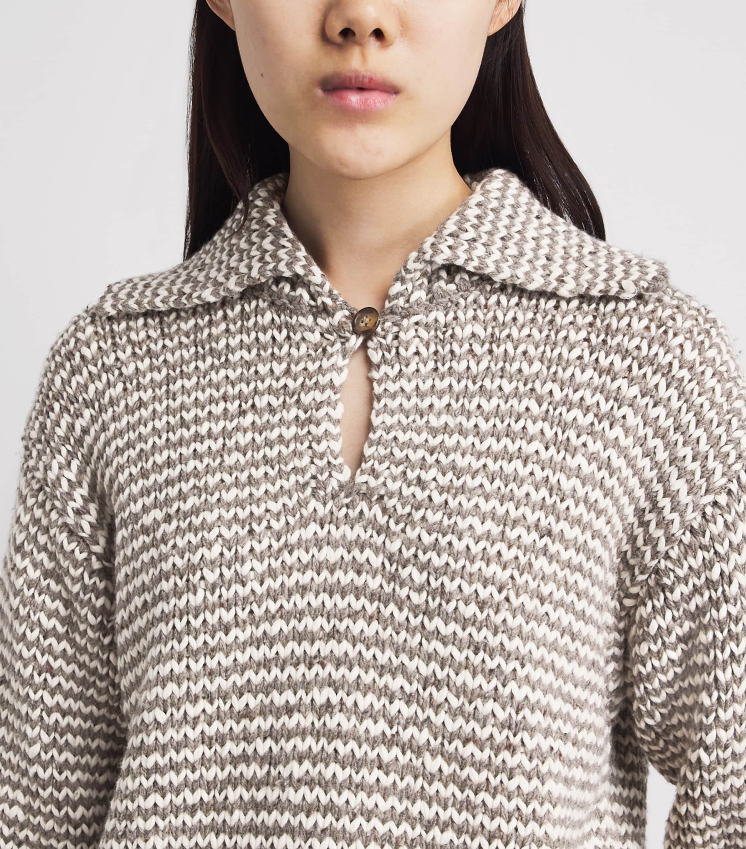 Polo Ralph Lauren Womens Cotton-Wool Blend Sweater Stone Grey/crm Strp Image 3
