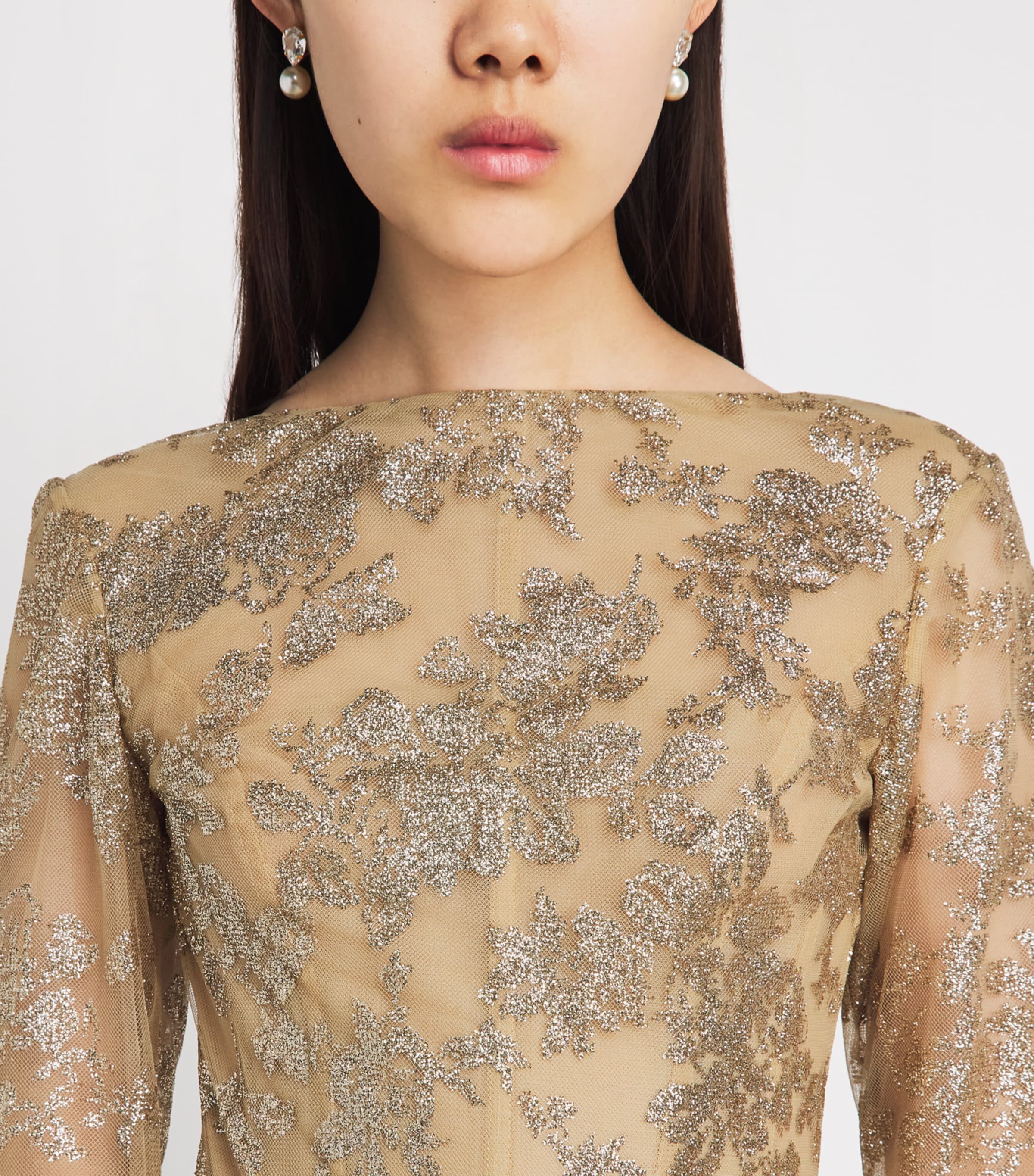 Sandra Mansour Womens Embellished Long-Sleeve Gown Gold Image 3