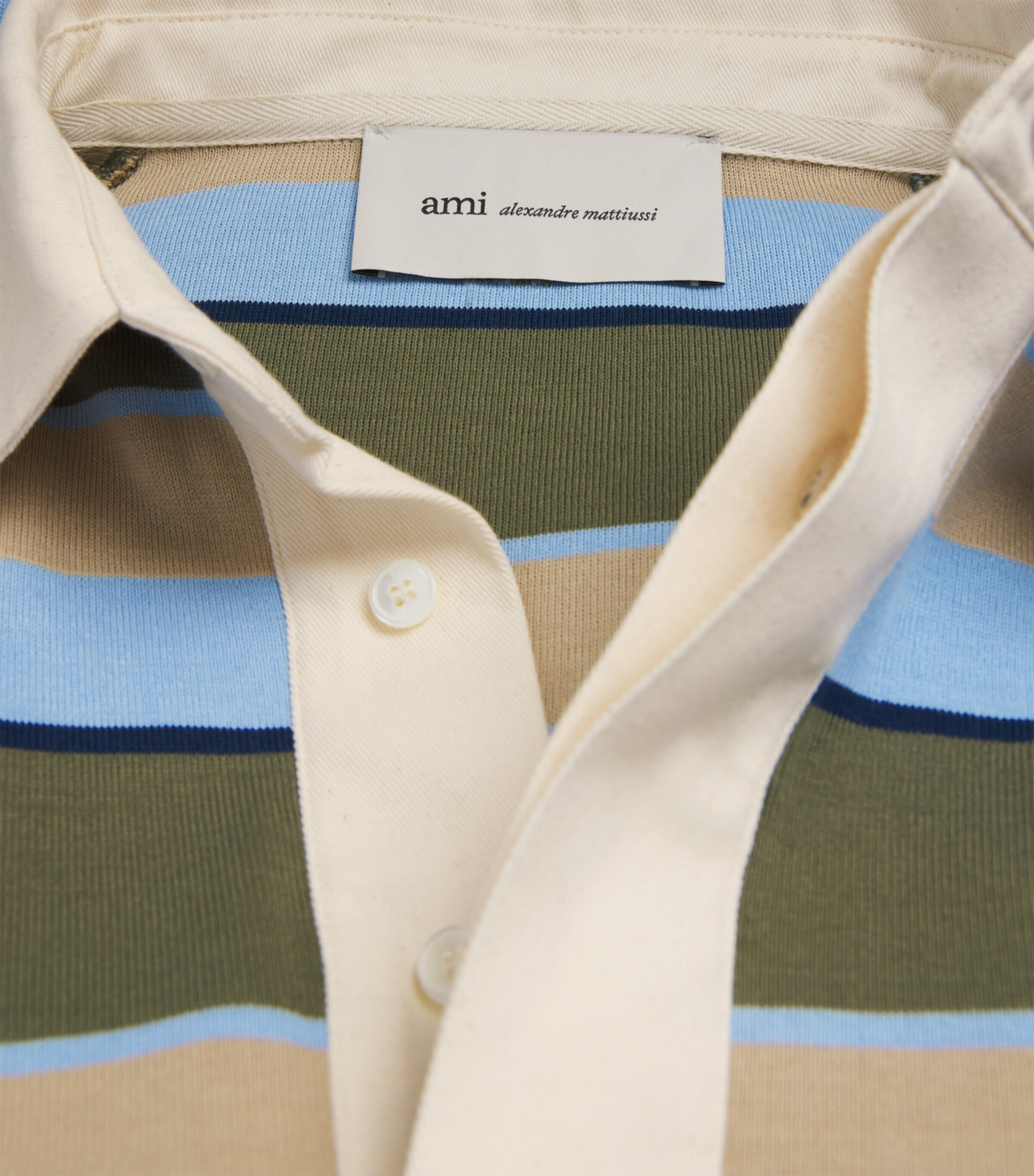 AMI Paris Mens Cotton Oversized Stripe Polo Shirt Kaki/tpe/encre Image 6