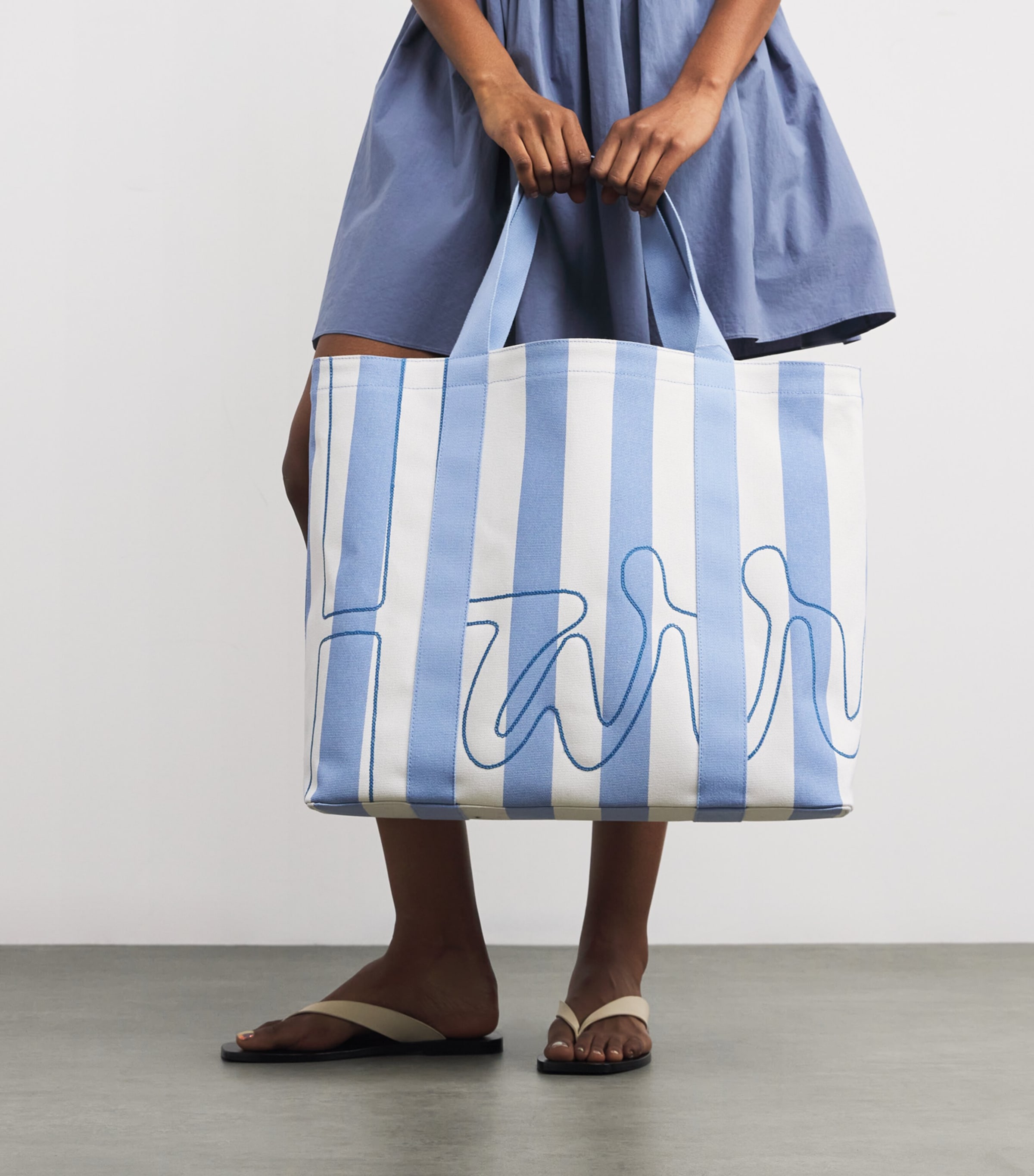 Large Cotton Stripe Logo Tote Bag BLUE Image 2