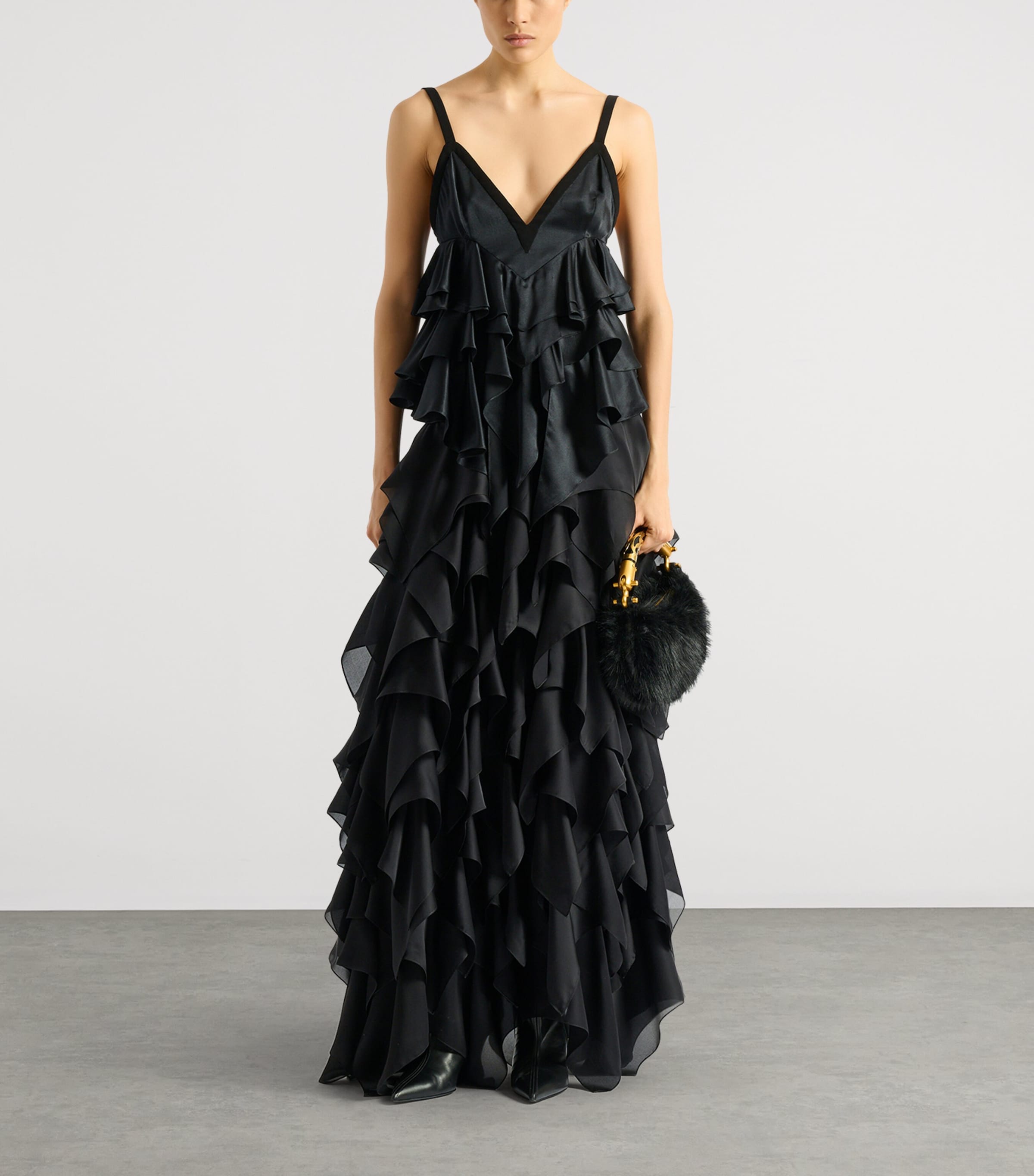 Balmain Womens Silk Satin Ruffled Top Eap Noir/noir Image 3