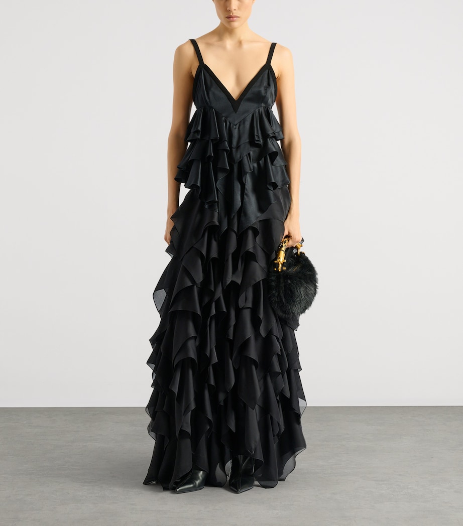 Balmain Womens Silk Satin Ruffled Top Eap Noir/noir Image 3