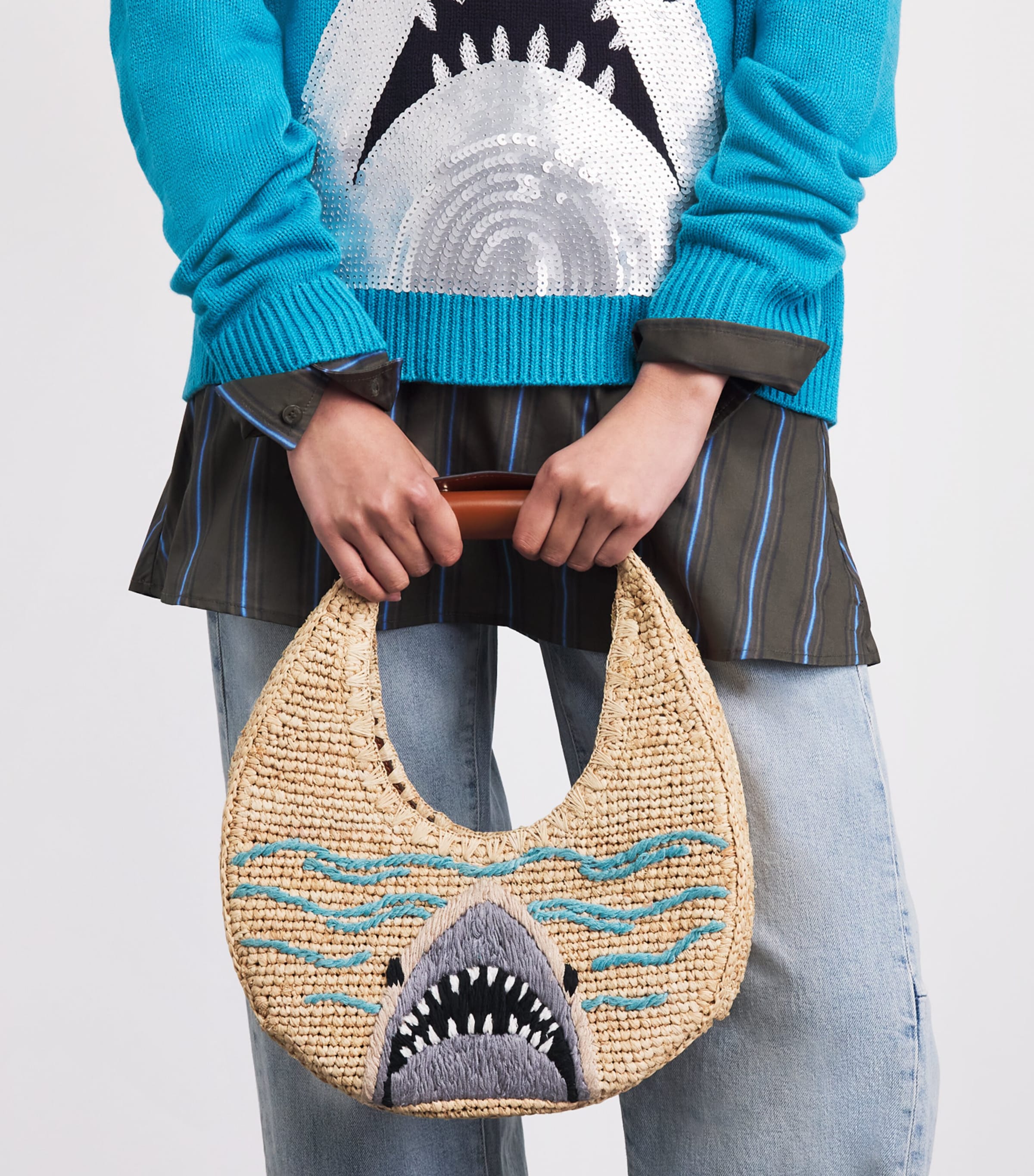 STAUD Raffia Woven Shark Moon Shoulder Bag Grwt Great White Image 2