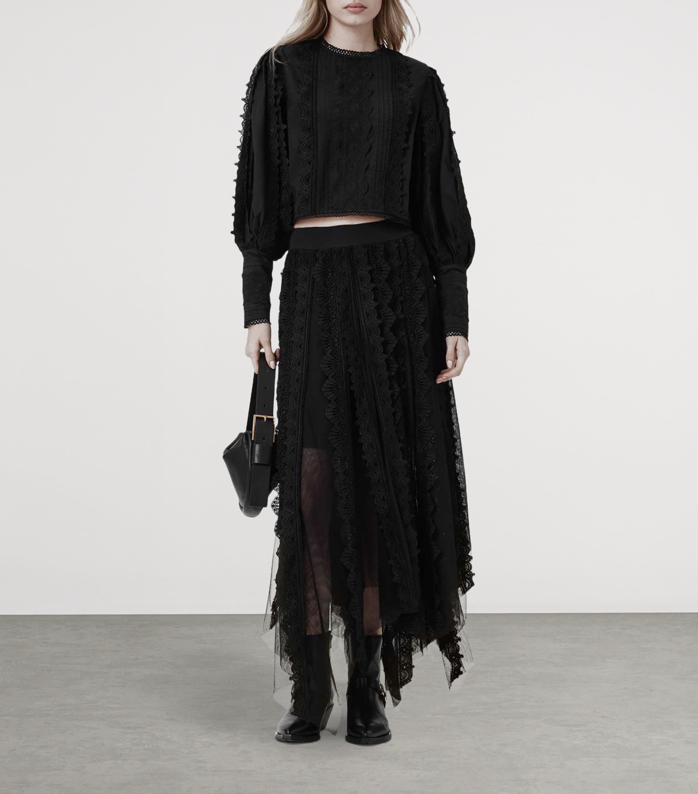 AllSaints Womens Cotton-Lace Vashtie Midi Skirt Black Image 6