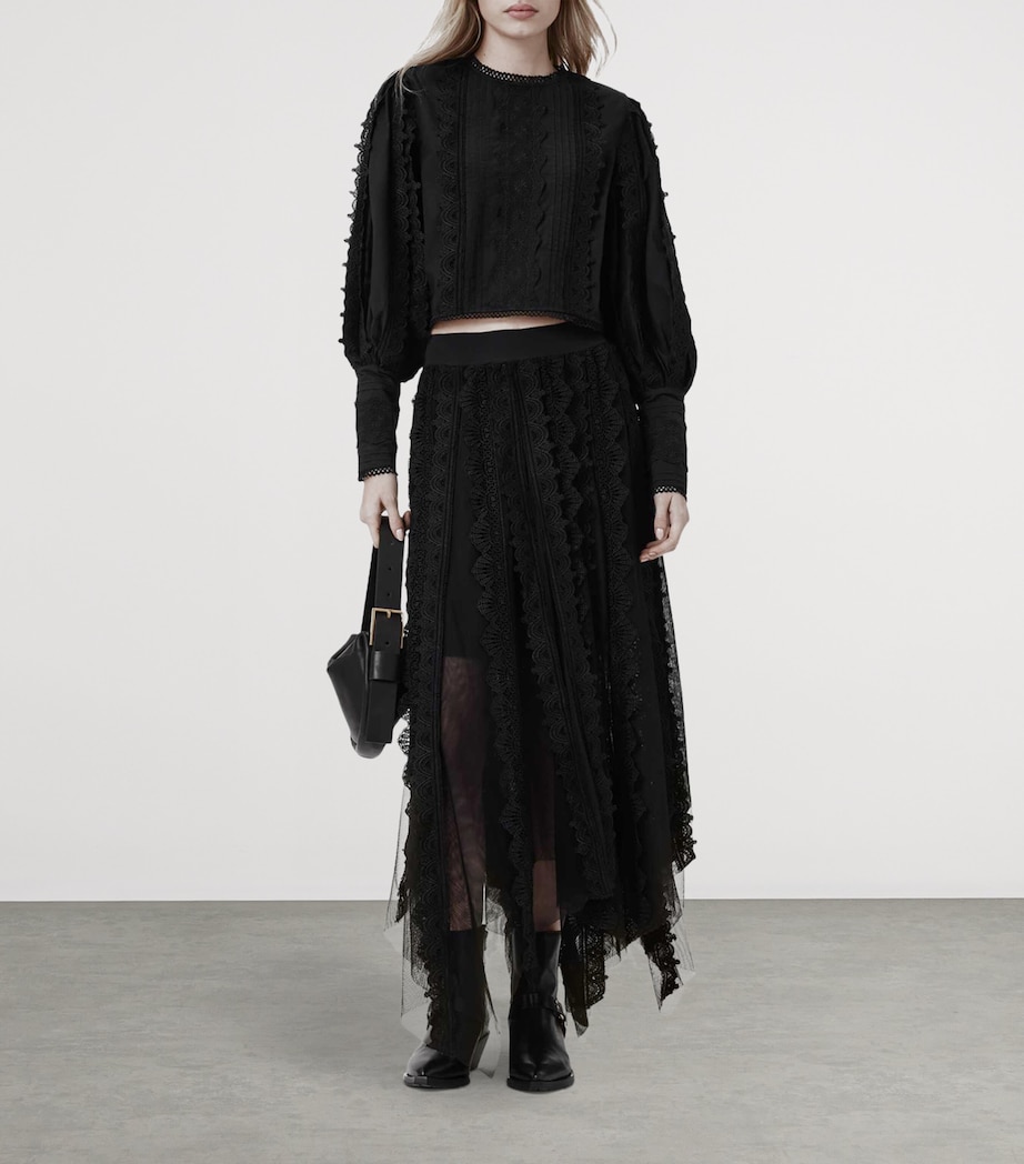 AllSaints Womens Cotton-Lace Vashtie Midi Skirt Black Image 6