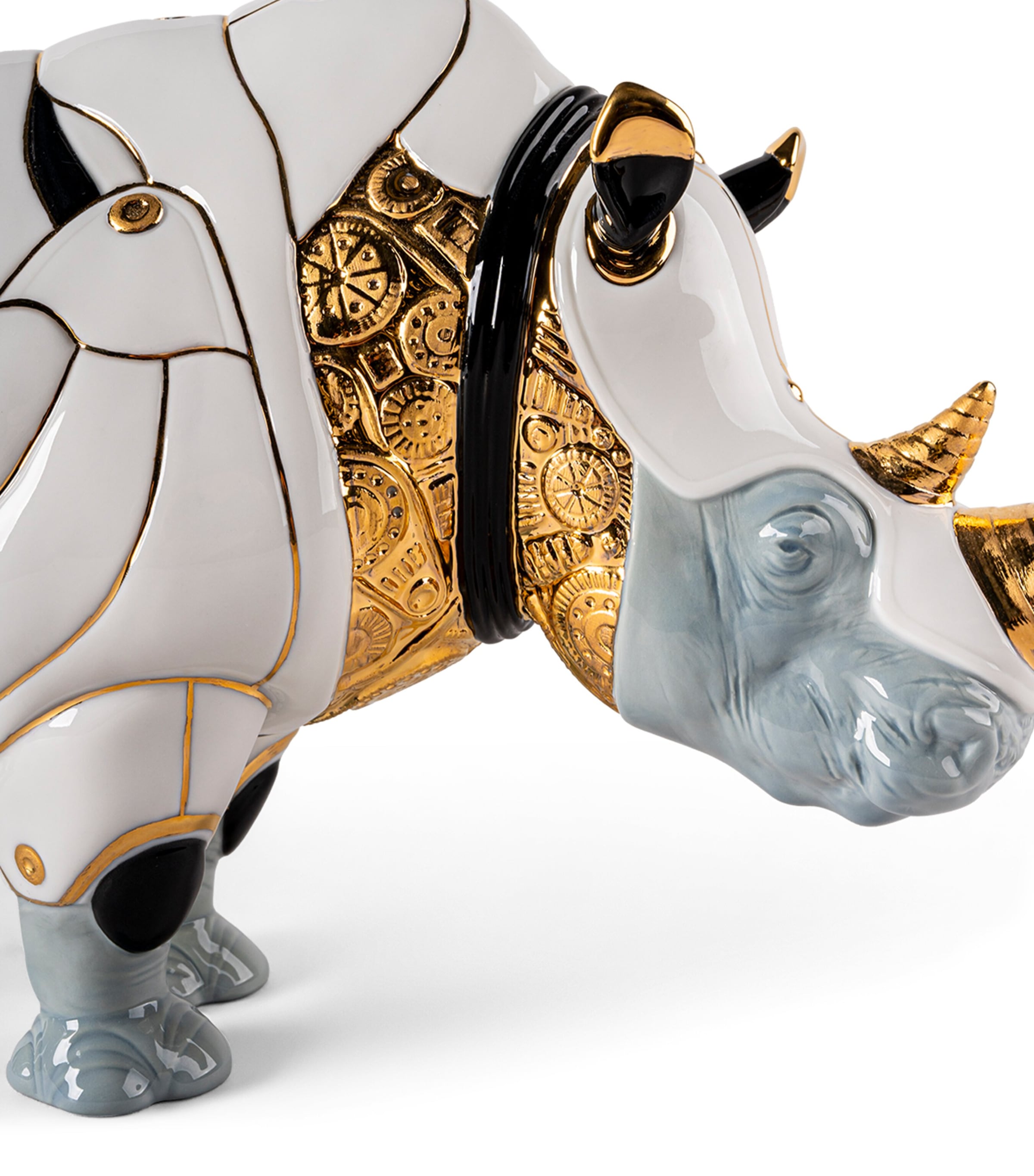 Lladró Cyborg Rhino Sculpture White, Grey & Gold Image 5