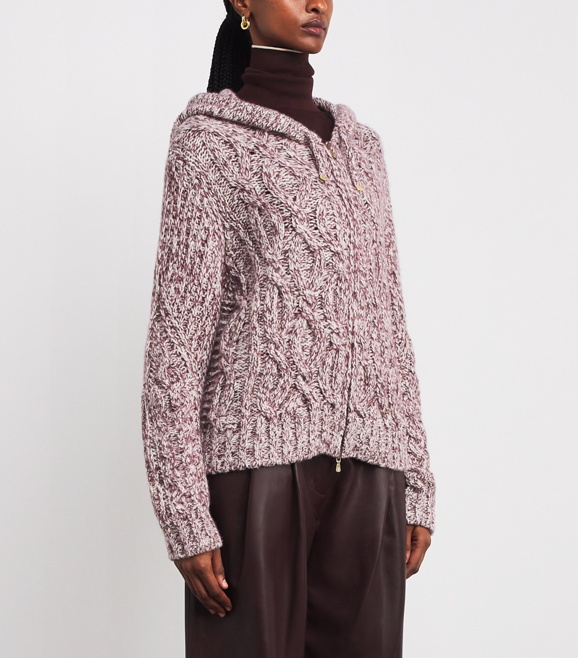 Eleventy Womens Wool-Blend Cable-Knit Zip-Up Hoodie Mosto Image 3