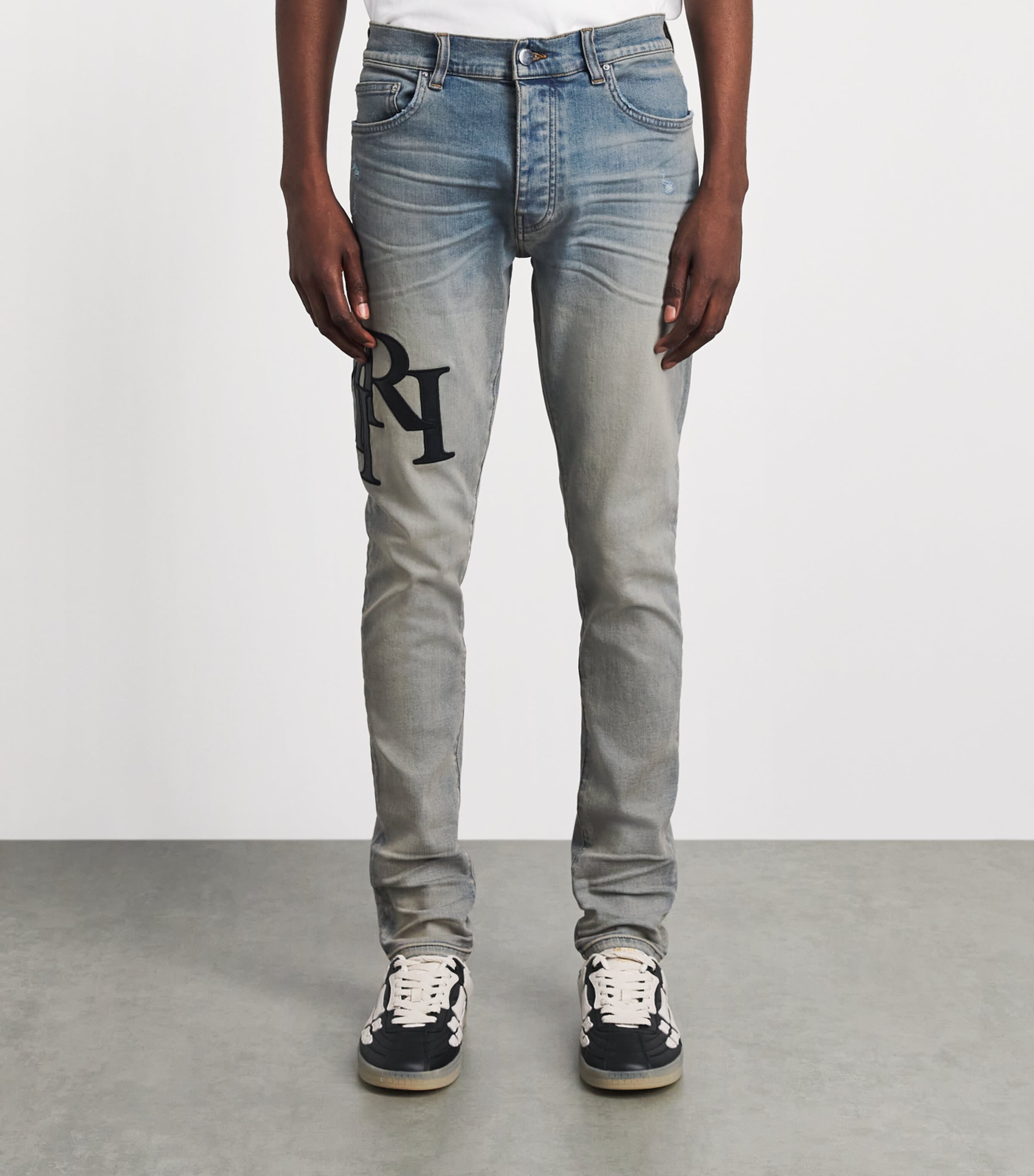 AMIRI Mens Staggered Logo Skinny Jeans Antique Indigo Black Image 4