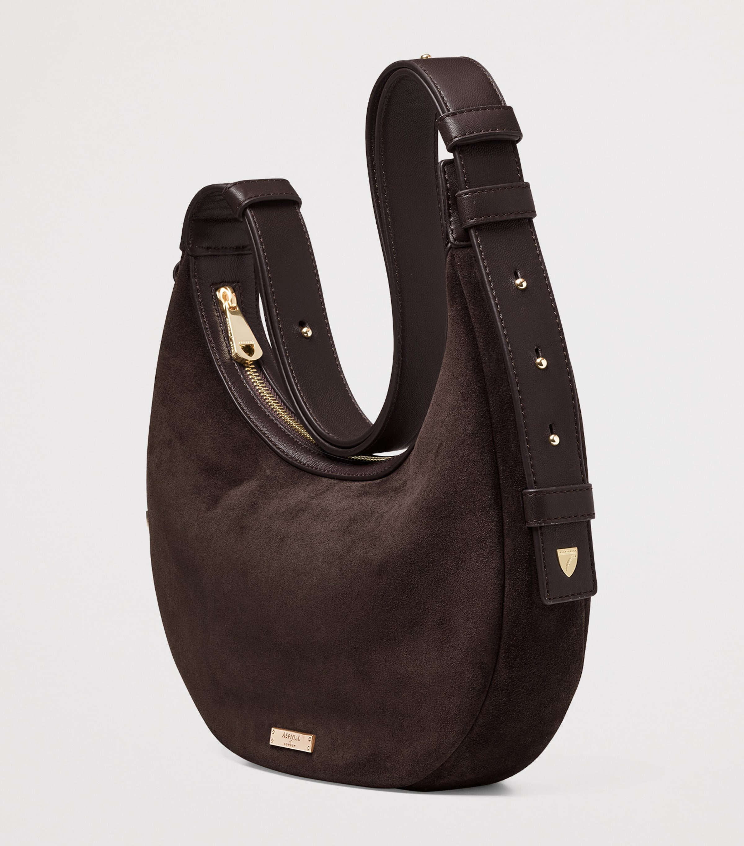 Aspinal Of London Small Suede Hudson Crescent Shoulder Bag Chocolate Image 3