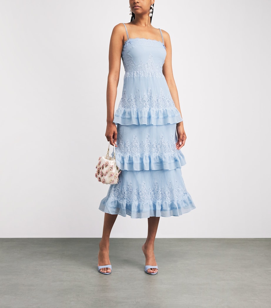 Self-Portrait Womens Chiffon Lace-Trim Midi Dress Blue Image 2