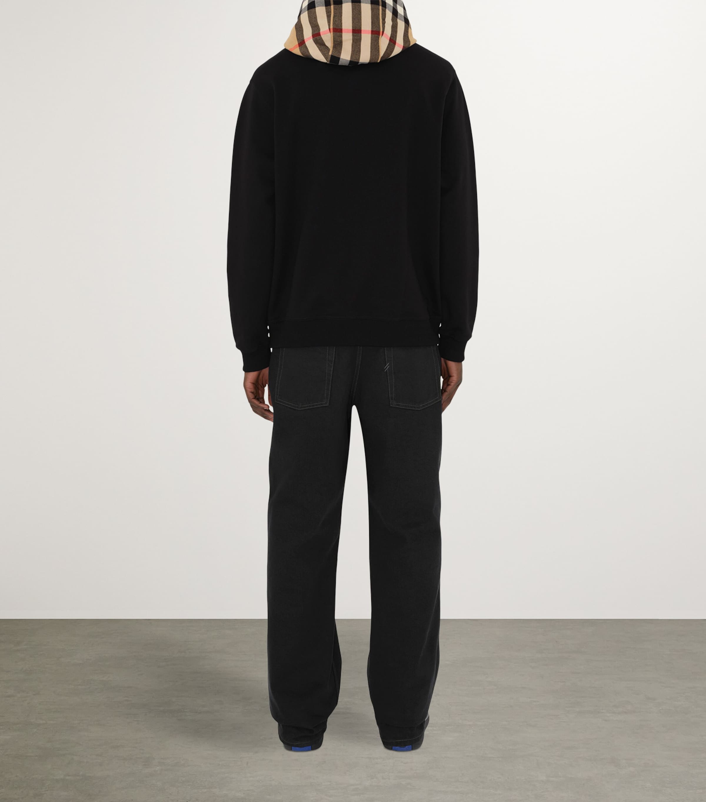 Cotton Check-Trim Hoodie BLACK Image 4